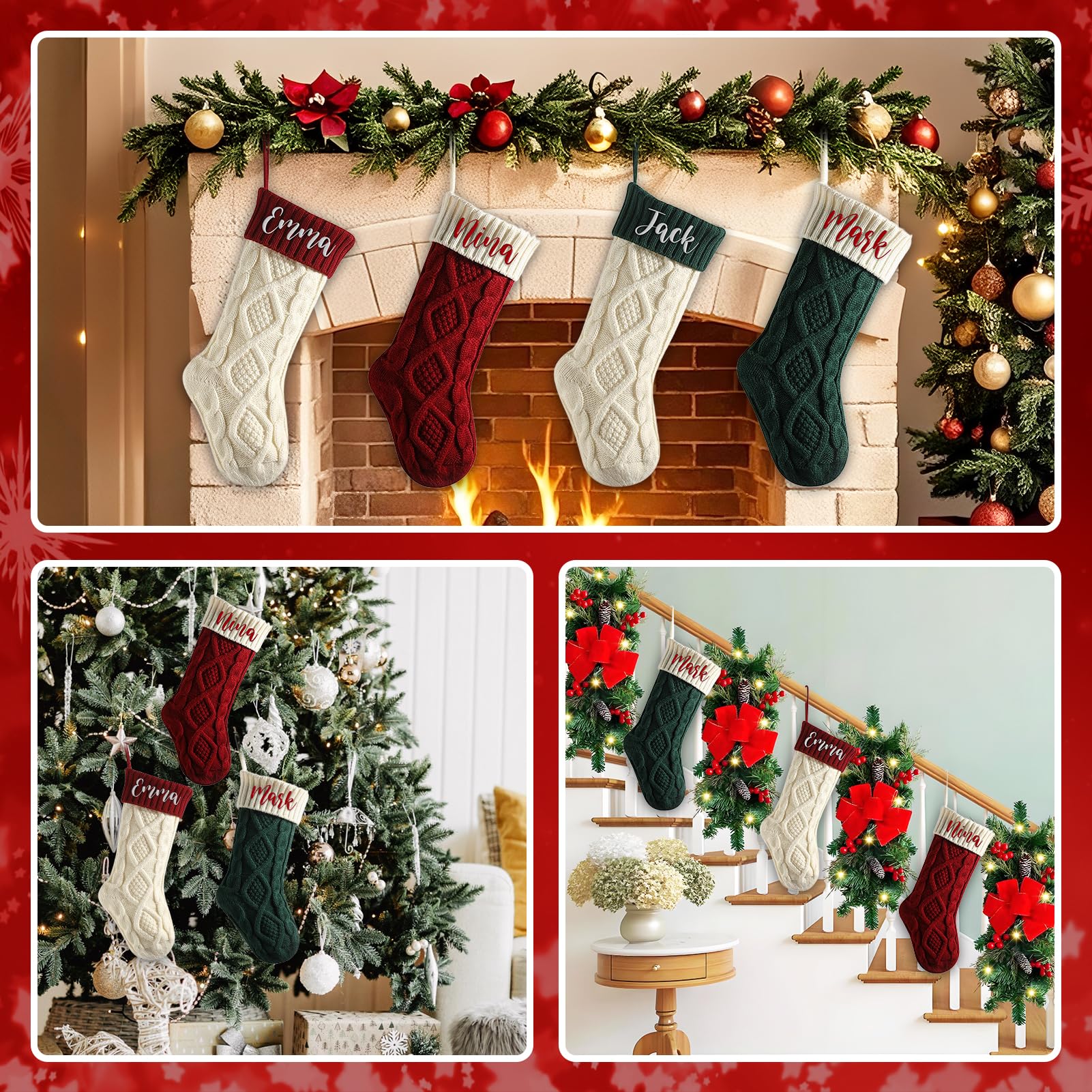 Calcetines Navidad Personalizados - Calcetin Navidad Personalizado con Nombre, Personalizados Medias Navideñas Colgantes, Decoraciones Personalizado para Familiares de Fiesta (4 Piezas)