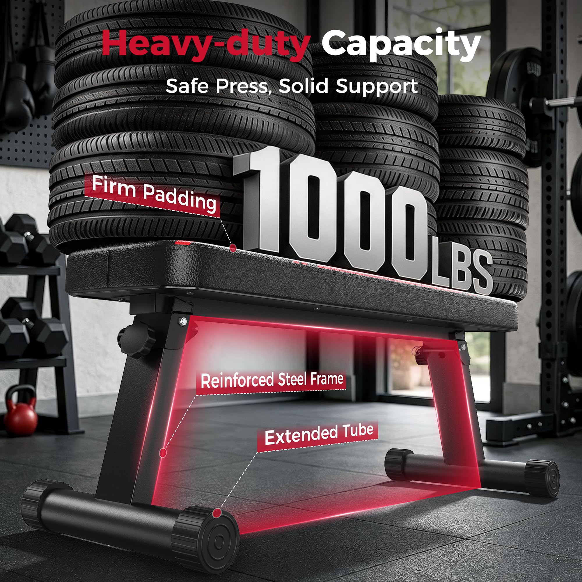 Foldable Flat Weight Bench for Home Gym, 1000 lbs Capacity with Dual Locking for Strength Training, Easy Setup & Storage for Small Apartments, Lifting, Hip Thrust, Dumbbell Workout
