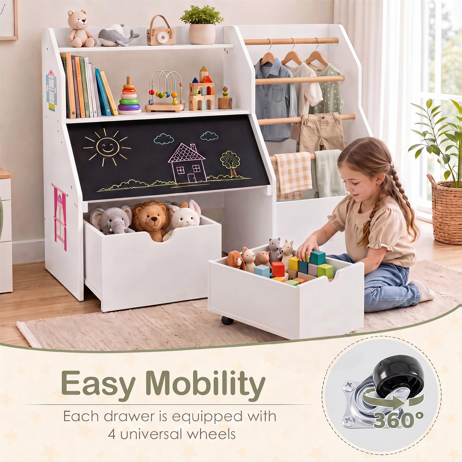 GYMAX Organizer per giocattoli con lavagna ribaltabile e 2 cassetti mobili