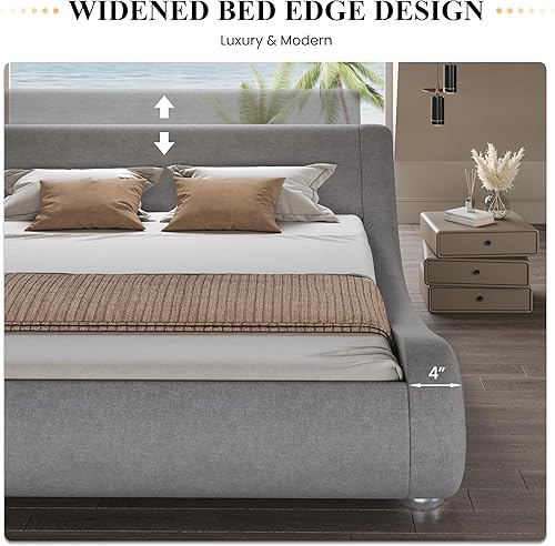 Miniatura 7 de SHA CERLIN Base de cama tapizada de tamaño matrimonial, cama de trineo de perfil bajo de lujo con cabecera ergonómica de lino, no necesita somier y