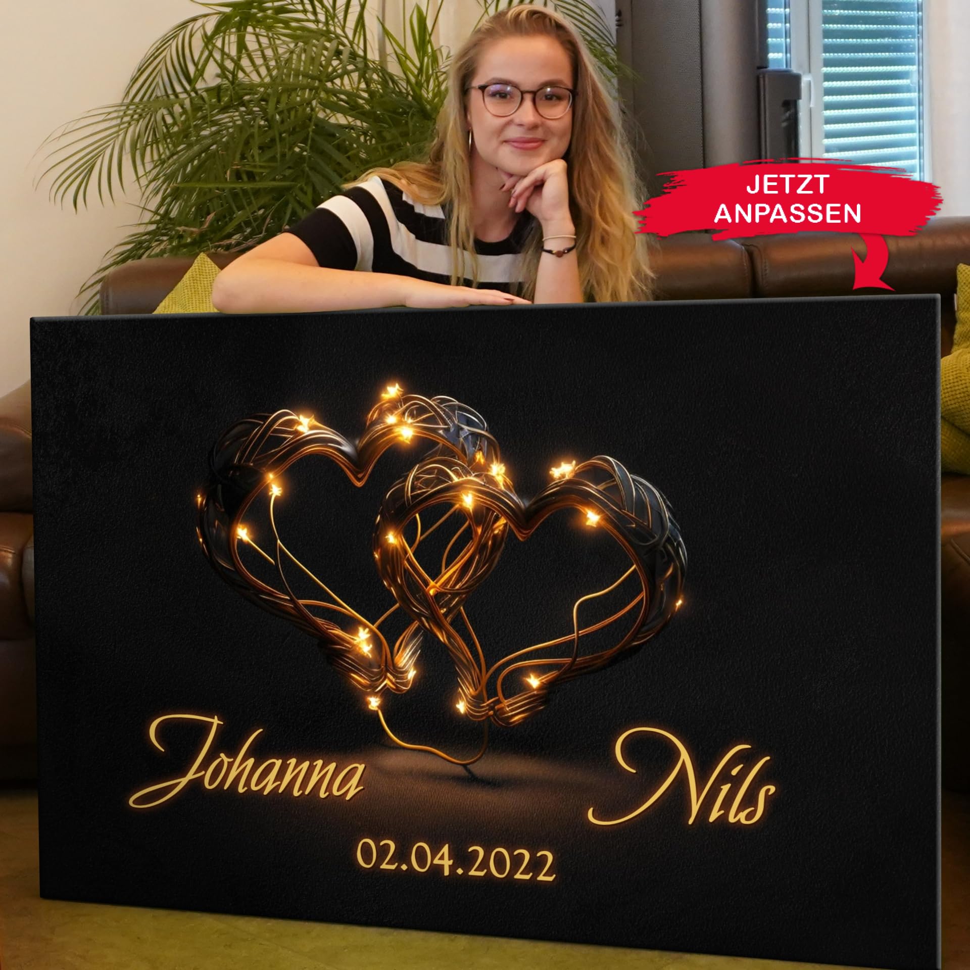 Liebesleinwand Individuelles Wandbild Blinkende Herzen | Jahrestag, Hochzeitstag Geschenke für Frauen | Leinwand mit Namen und Datum gestalten