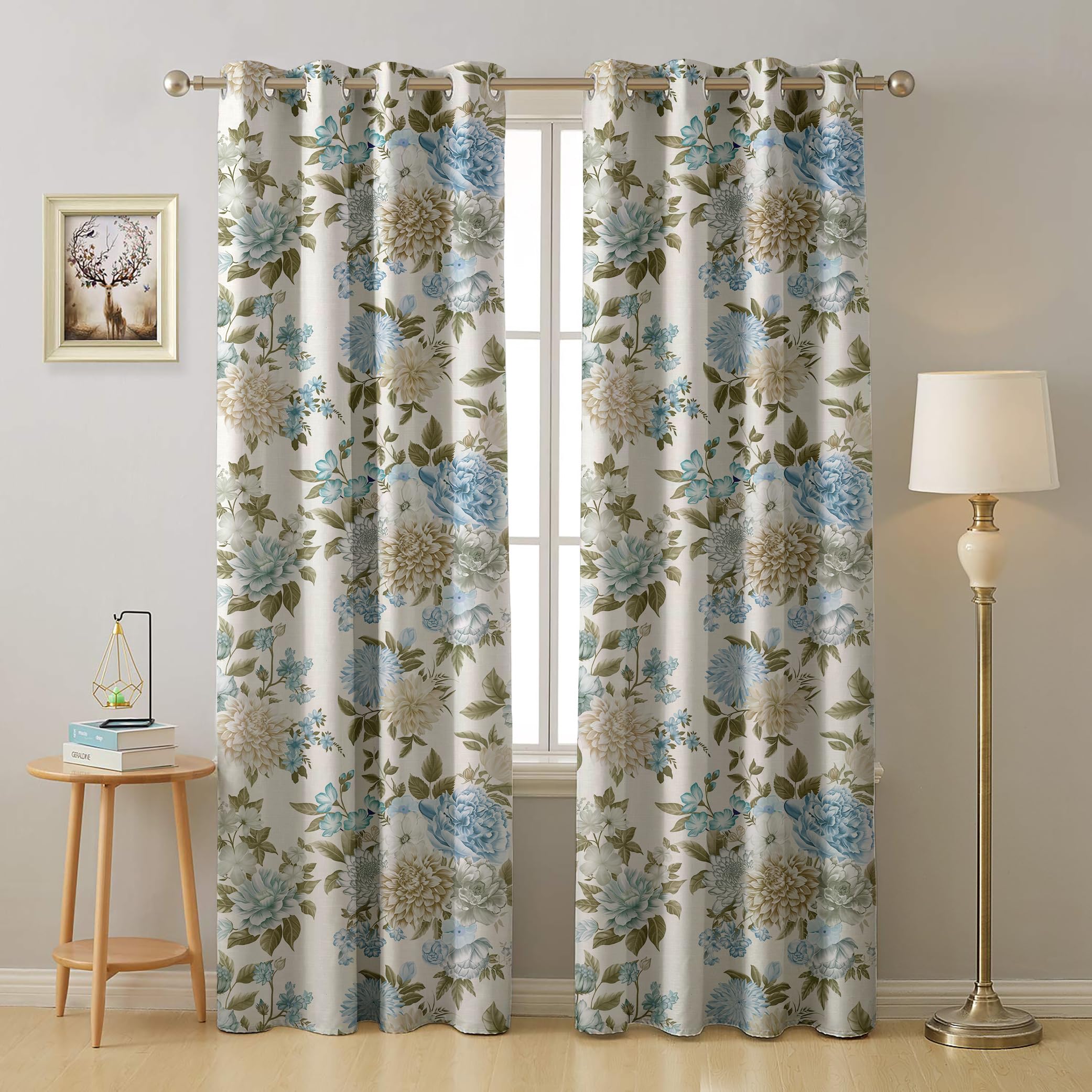 Cloth Fusion 100% Blackout Printed Premium Door Curtains 7 Feet Long Set of 2, Noise Reducing Blackout Parda 7 Feet with Grommet for Home Decor (7x4.5 Feet, Blue Blooms)