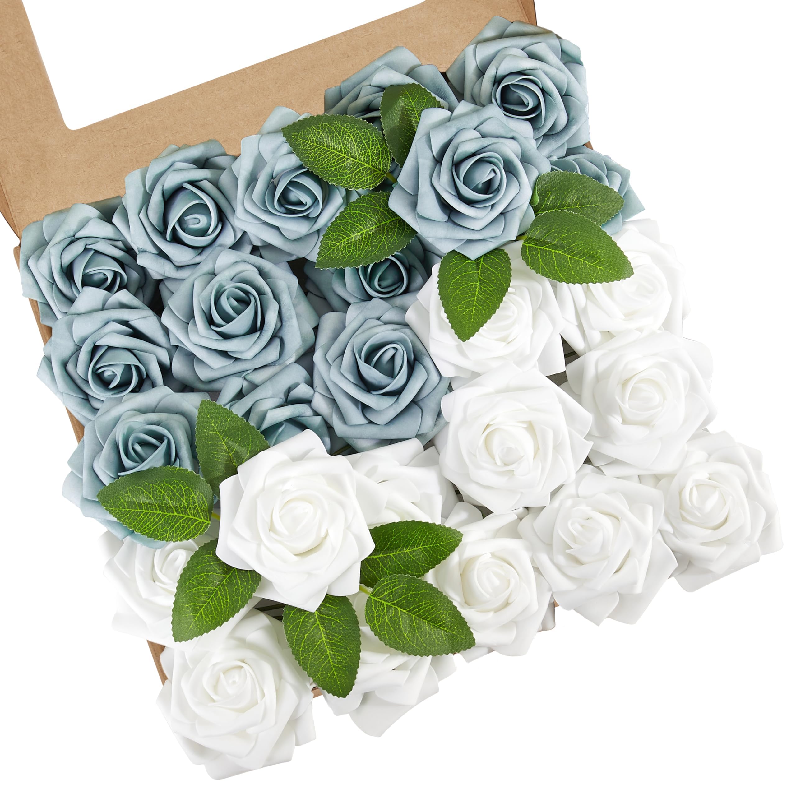 Artificial Flowers, 25pcs Dusty Blue and White Artificial Rose for DIY Wedding Bouquets Centerpieces Arrangements, Fake Flower with Stems for Party Home Decorations
