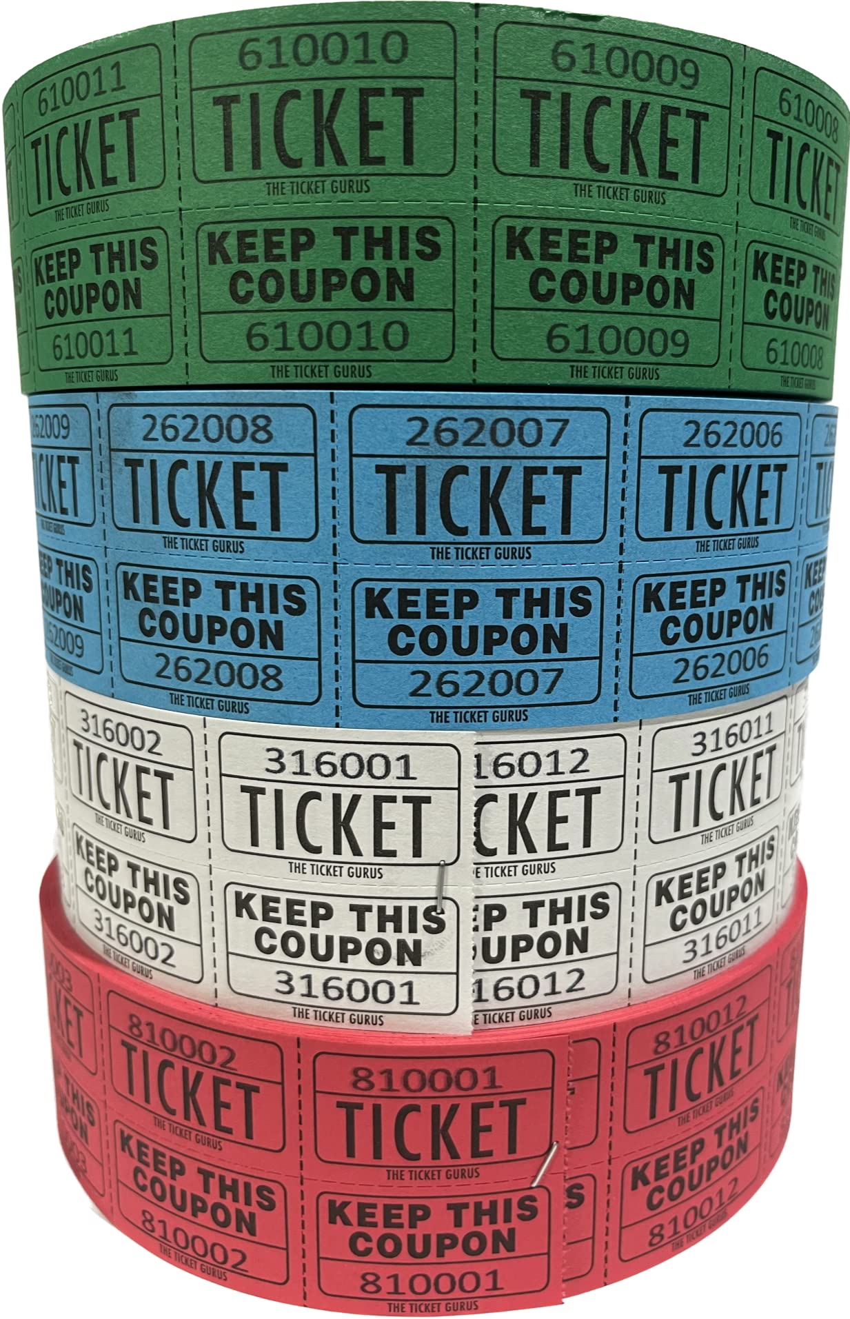 The Ticket Gurus Raffle Tickets - (4 Rolls of 2000 Double Tickets) 8,000 Total 50/50 Raffle Tickets (Blue/Green/Red/White) …