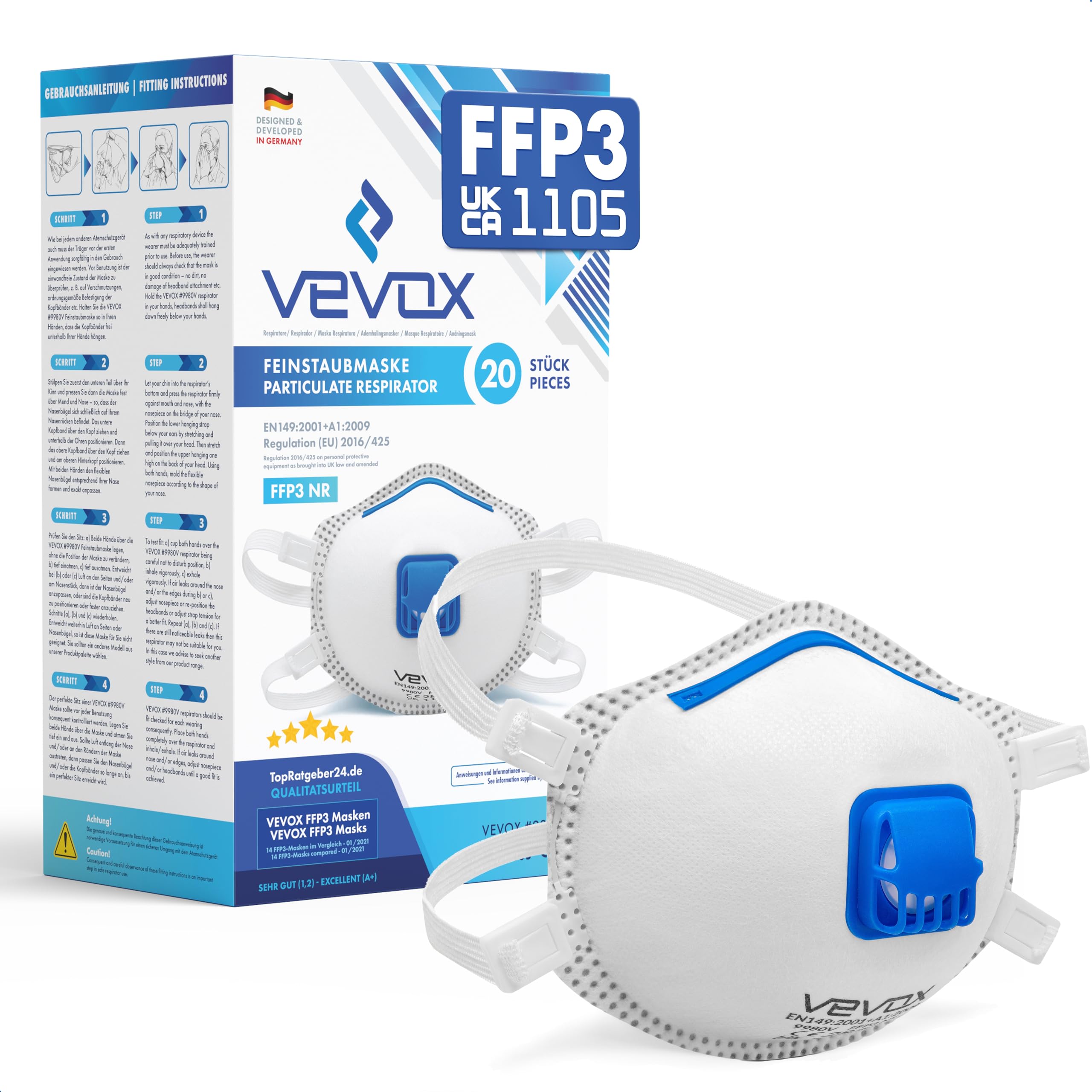 VEVOX® FFP3 Dust Mask - Set of 20 - Valved Face Masks - Respirator