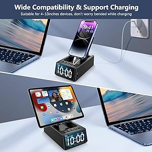 Cell Phone Stand with Wireless Bluetooth Speaker & Alarm Clock, 3 in 1 Adjustable Holder with Anti-Slip Base Fits All Phones Tablets, Unique Tech Gifts for Men/Women, Dad, Mom, Husband, Wife (Black)