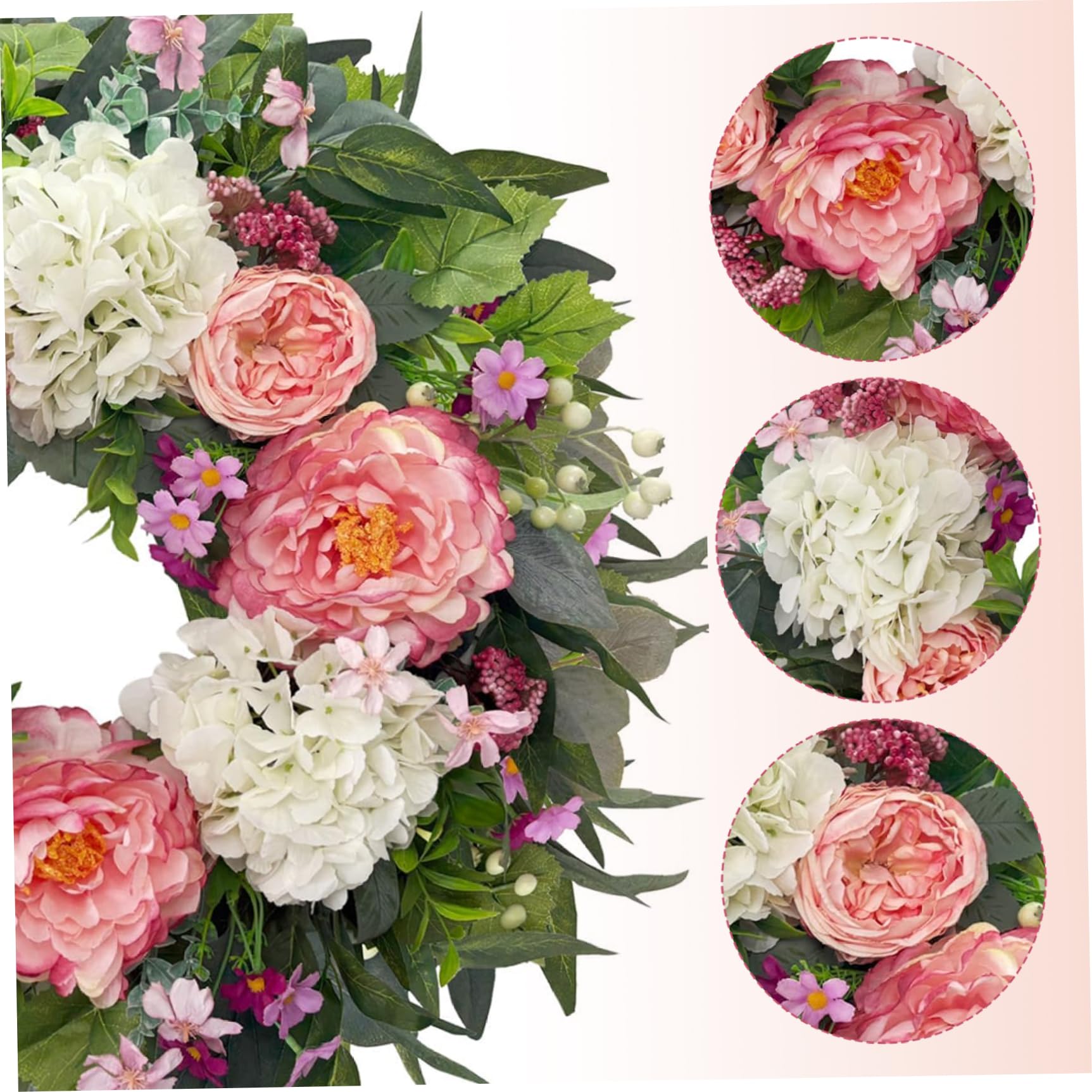 Frühlingskranz, 55, 9 cm, Hortensien und Pfingstrosen, Blumenkranz für die Haustür, handgefertigt, Elegante Willkommenskränze für draußen und drinnen