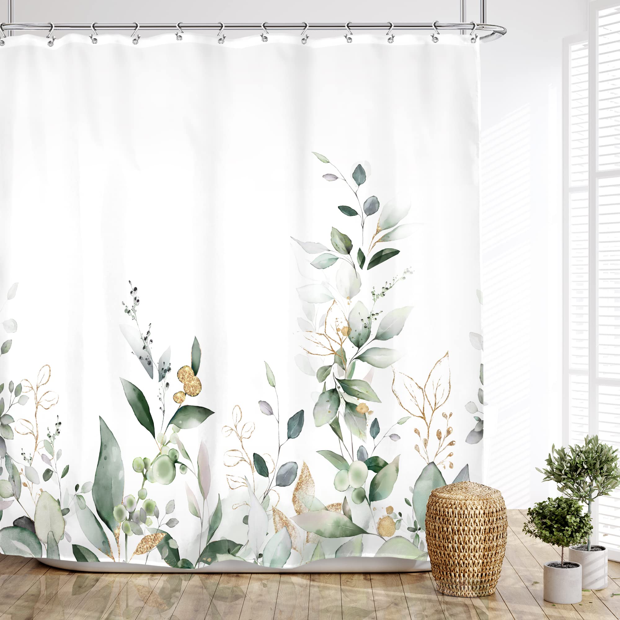 Omifly Eucalyptus Shower Curtain 60Wx72H Inch Sage Green Botanical Leaves Gold Watercolor Plant Nature Leaf Floral Bathroom Set with 12 Plastic Hooks Fabric Waterproof Toilet Accessories Decor