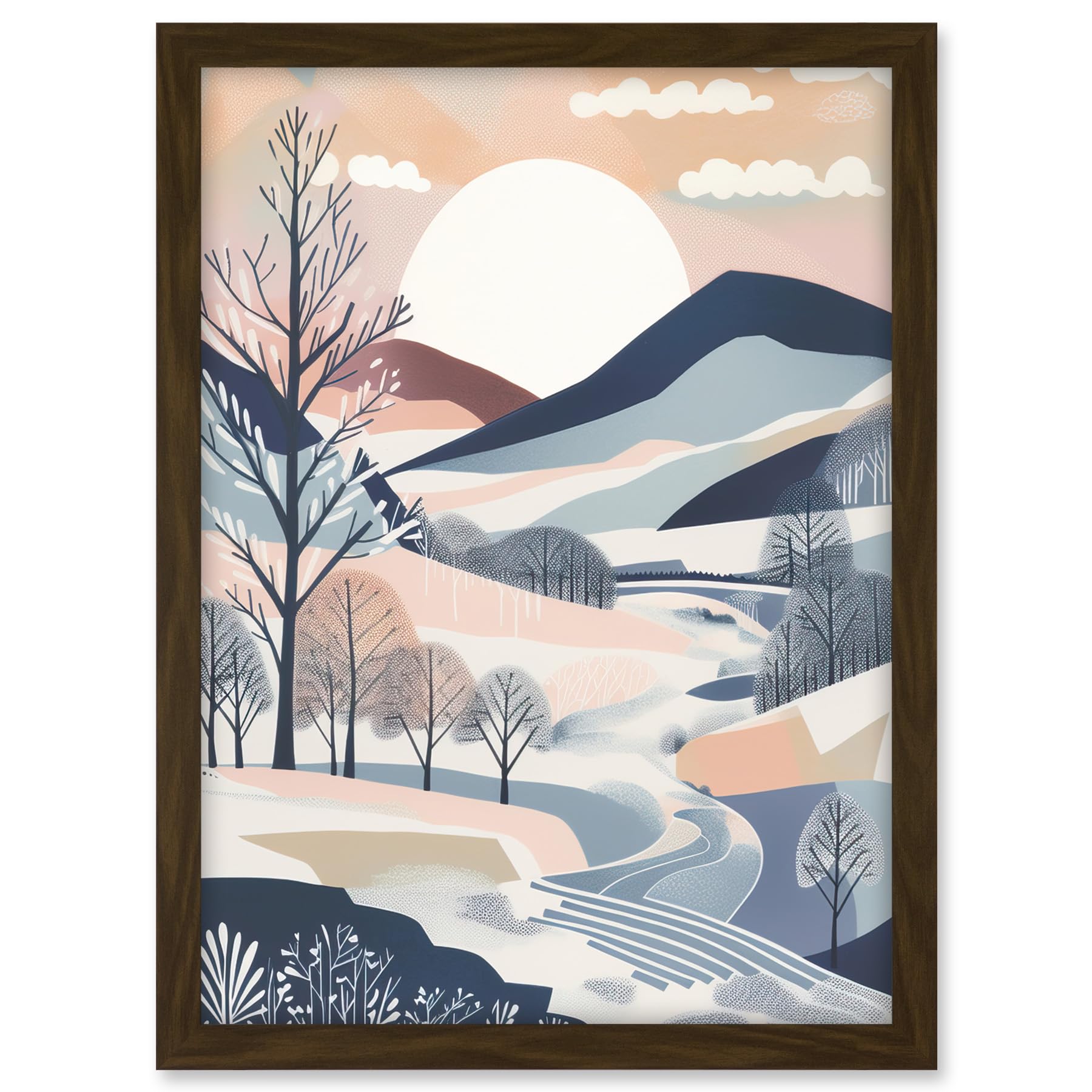 Artery8 Countryside Path in Boho Hill Winter Landscape Artwork Framed A3 Wall Art Print