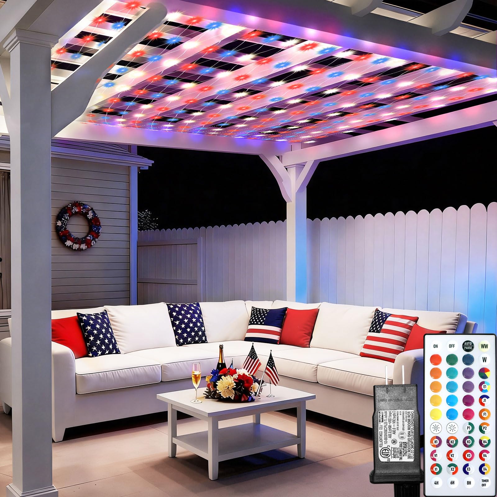 Photo 1 of 12ft x 12ft Net Lights 4th of July Decorations, 400LED 35 Colors Changing Large Gazebo Net Lights Clear Wire, Waterproof Fairy Lights Chandelier for Patio Pergolas Backyard Bush Wedding Outdoor Party