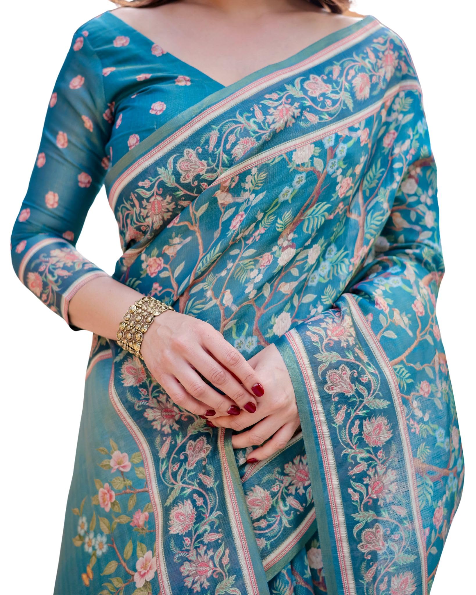 Handloom Cotton Floral Printed Saree with Tassels on Edges & Attached Blouse Piece | 5.5 Meter Saree + 0.8 Meter Blouse