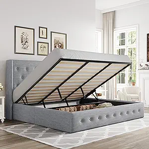 Allewie King Size Lift Up Storage Bed, Button Tufted Headboard with Wingback, Hydraulic Support, No Box Spring Needed, Light Grey