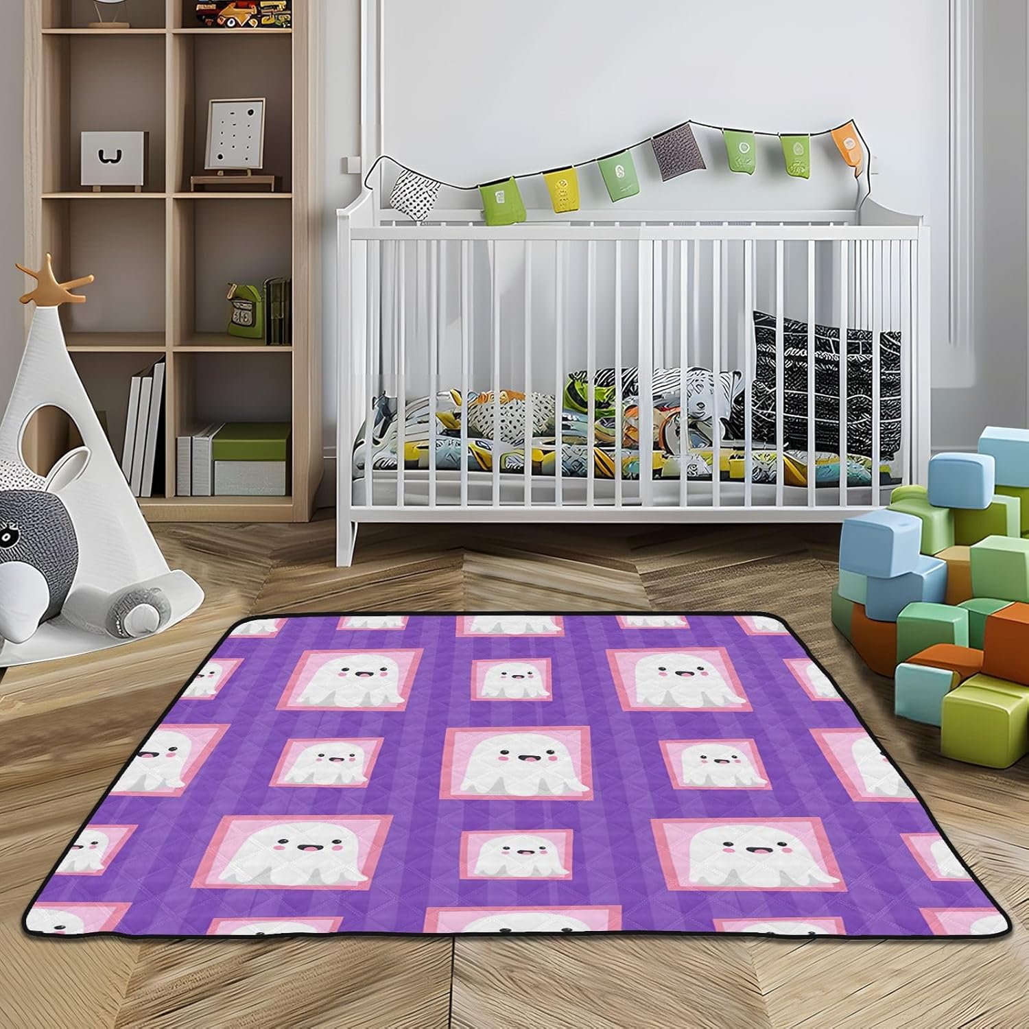Doodle Cute Ghost Baby Play Mat, 50“ X 50” Washable Folding Crawling Mat, Baby Floor Mat, Soft, Non-Slip