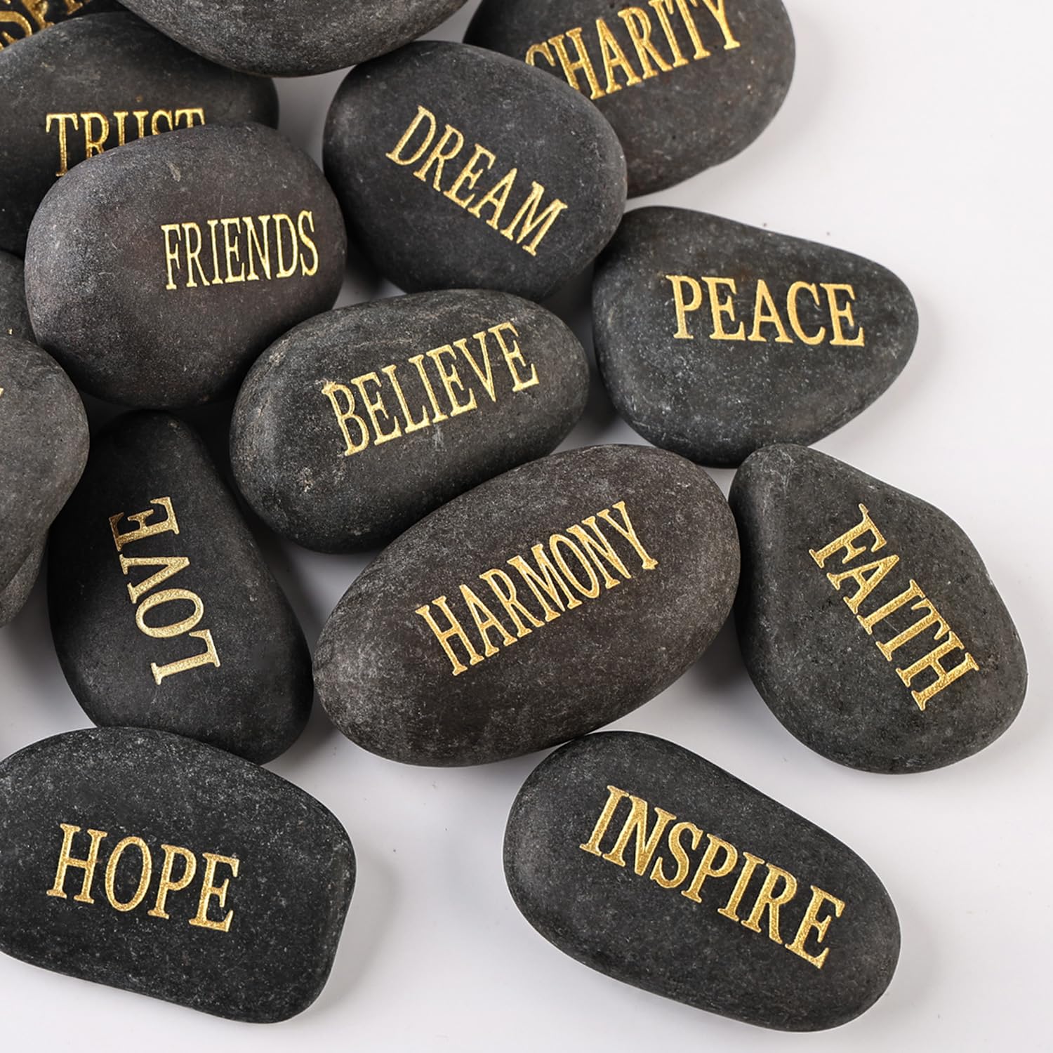 OSPNIEEK Engraved Stones Rocks with Inspirational Words, 12PCS Natural Encouragement Personalized Healing Decor Garden River Stone - Unique Gift for Friends Arts Crafts (Golden Words, Black)