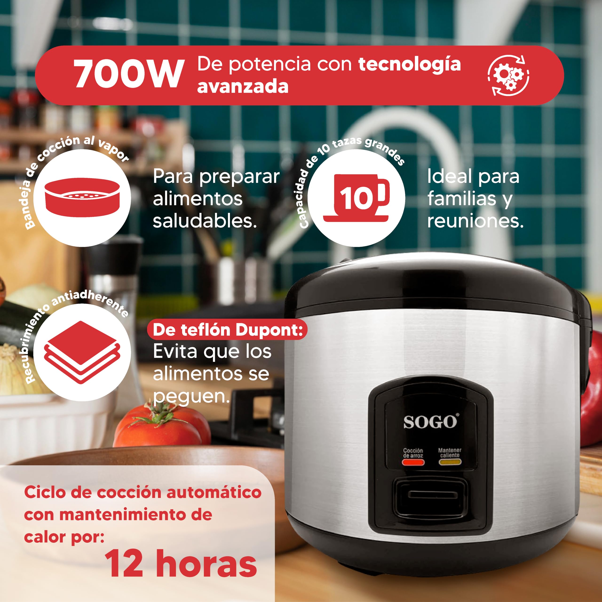 Sogo Arrocera Eléctrica Inteligente 1.8L con Bandeja de Cocción al Vapor Incluida - Olla Arrocera Digital Multicooker Antiadherente 10 Tazas 700W – Rice Cooker con Ciclo de Cocción Automática