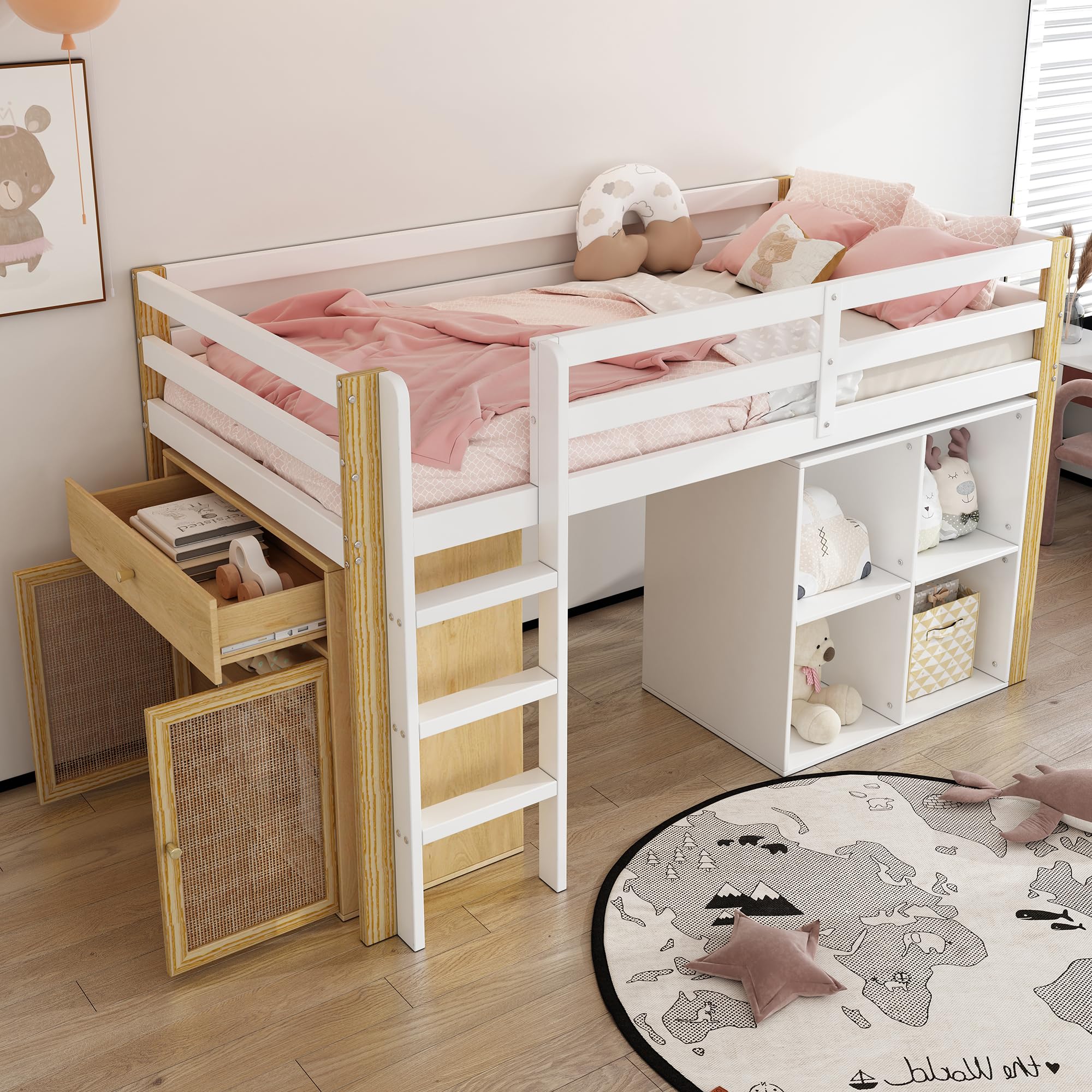 Kinderbett Hochbett 90x200, mit 2 Aufbewahrungsschrank und Leiter, Platzsparendes Kinder Etagenbett Jugendbett Holzbett Bettrahmen mit Rausfallschutz und Lattenrost, stabiles Massivholz, Natur&Weiß