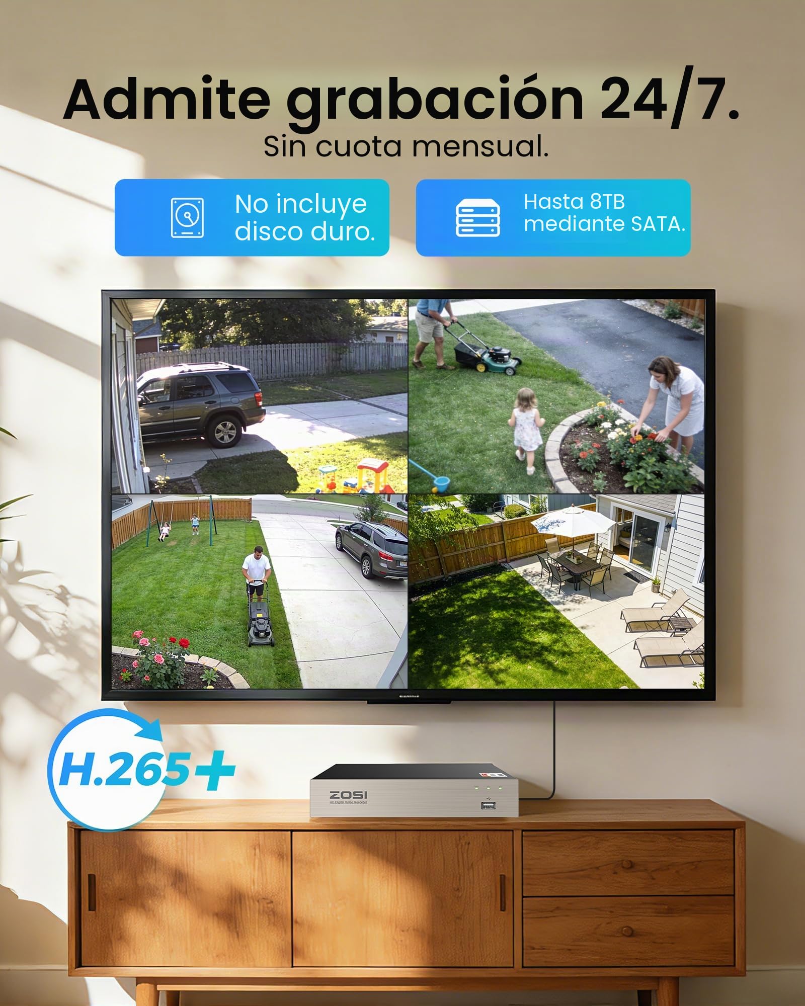 ZOSI Kit de Cámara Vigilancia Seguridad 5MP Lite 8CH H.265+ Grabador DVR con (4) 2MP Cámara Exterior, Visión Nocturna, Alarma de Movimiento, sin Disco Duro