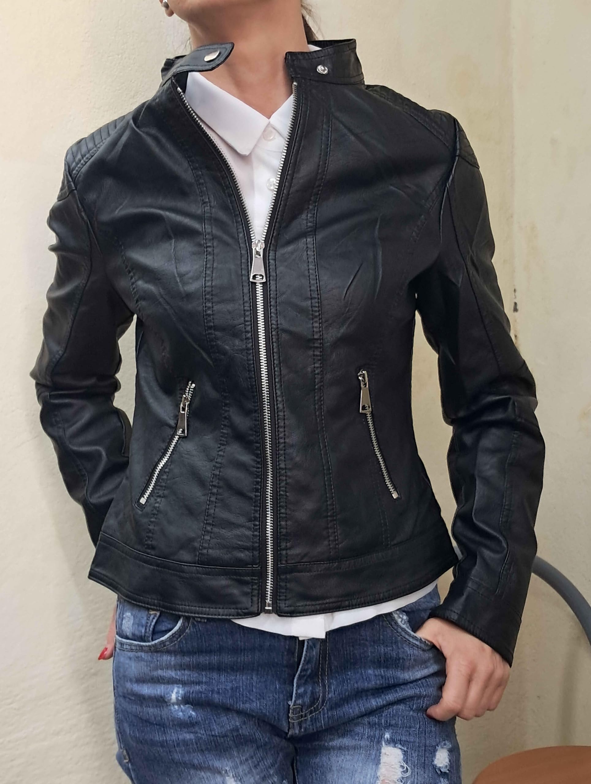 Fantasy Chiodo Giacca Giacchetto Giubbino Giubbotto Corto Slim Avvitato Aderente Finta Pelle Ecopelle Skin Donna Ragazza