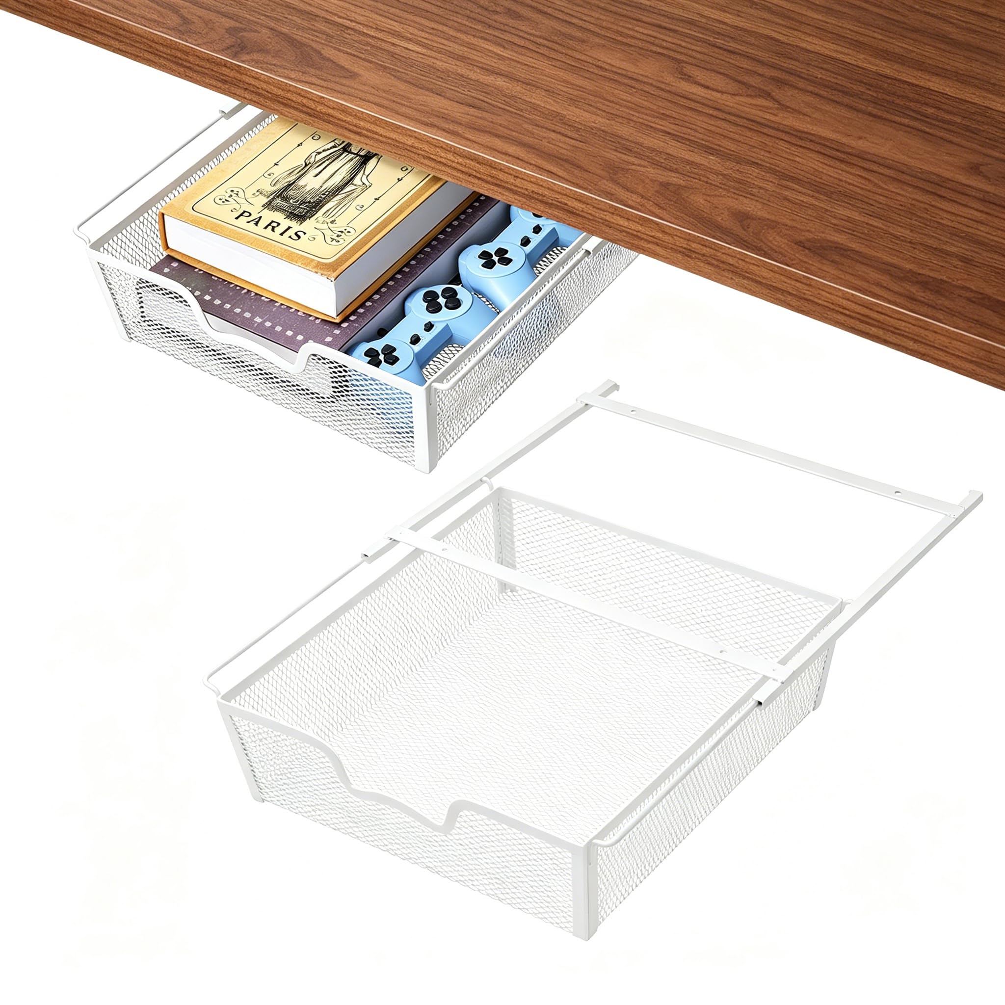 KANEODOT Set of 2 Under Desk Storage, Slide Out Under Desk Drawer, Metal Wire Mesh Storage Basket Organizer for Kitchen, Office, Wardrobes, kitchen Cupboard Storage WHITE