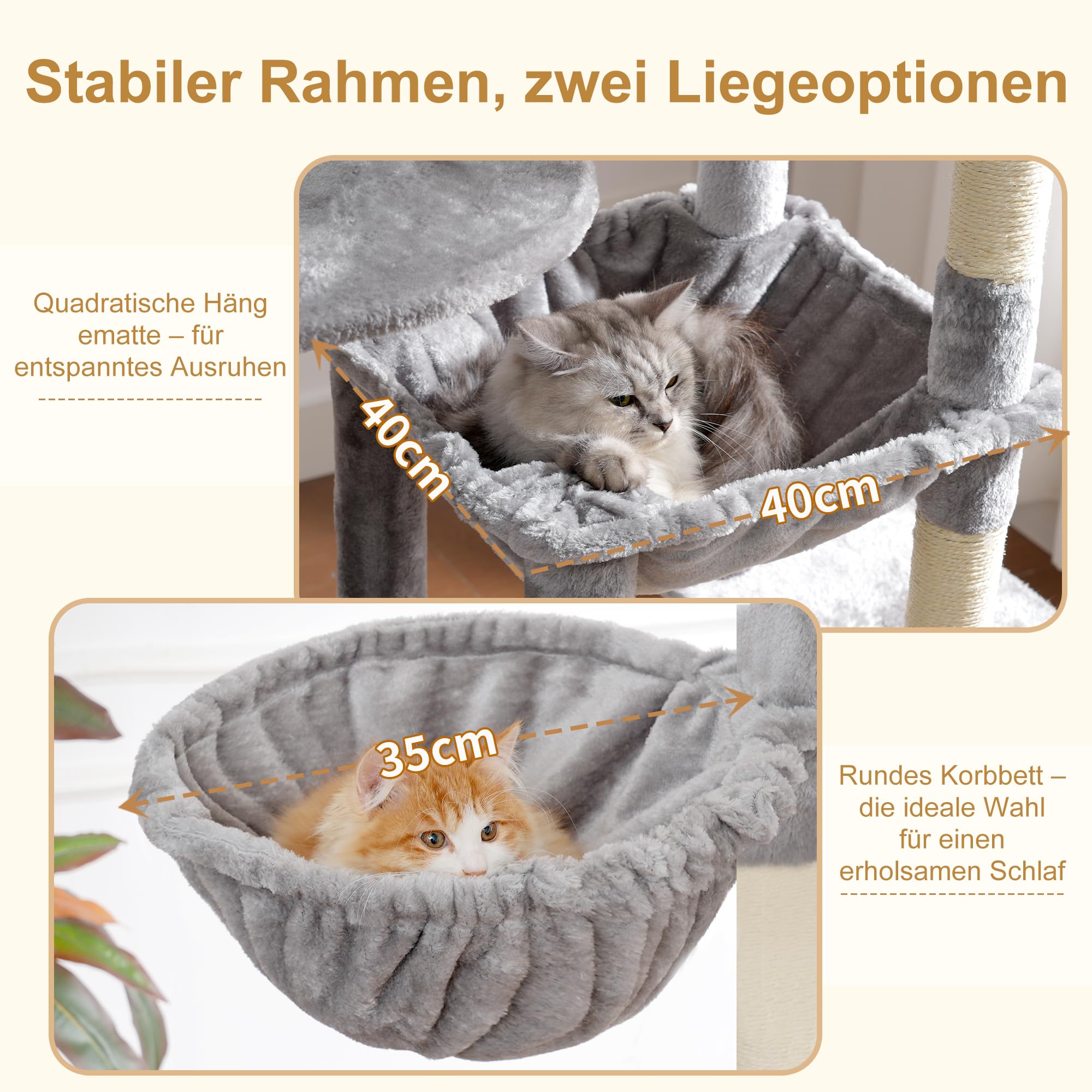Heybly Kratzbaum Groß, 193 cm Hoch Kratzbaum Grosse Katzen Stabil, Inklusive 2 Katzenhäuschen, Einer Hängematte, Einem Katzenkorb und 10 Sisal-Kratzstämmen, Hellgrau HCT039W