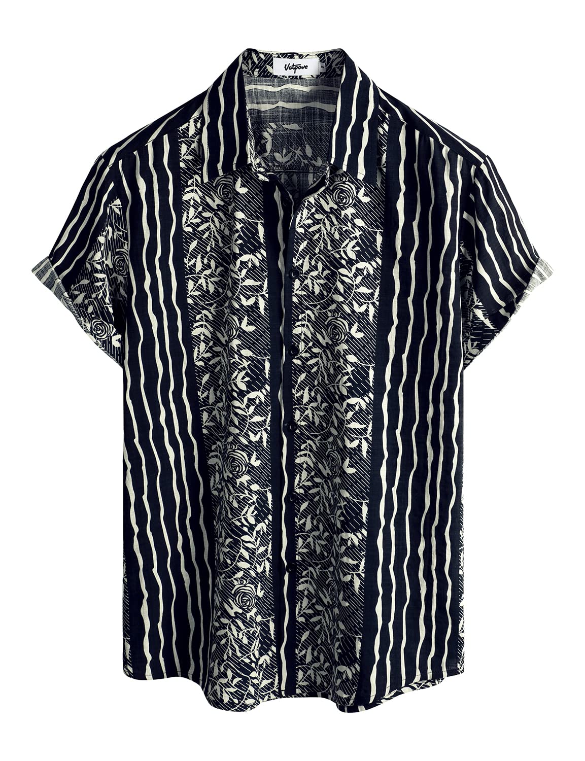 VATPAVE Herren Hawaii Hemd Männer Kurzarm Sommer Freizeithemd Casual Strand Blumen Hawaiihemd Klein Schwarz Beige