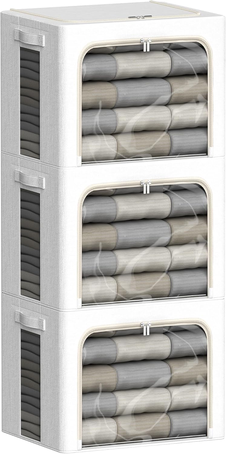 3 Pack Clothes Storage Bins with Metal Frame Linen Fabric Storage Bins for Clothes with Large Clear Window (19.7 x 15.7 x 15.7 inch, Count, 3) 19.7 x 15.7 x 15.7 inch 3.0