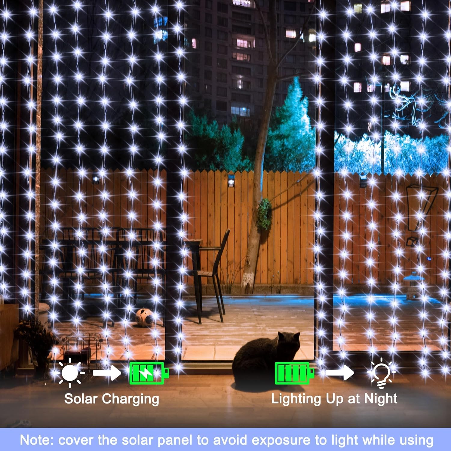 DBFAIRY Solar Curtain Lights Outdoor 2.4M x 1.8M 144 LED Curtain Lights Waterproof with Timer 8 Modes for Garden Patio Fence Gazebo Decor (Cool White) - Image 4