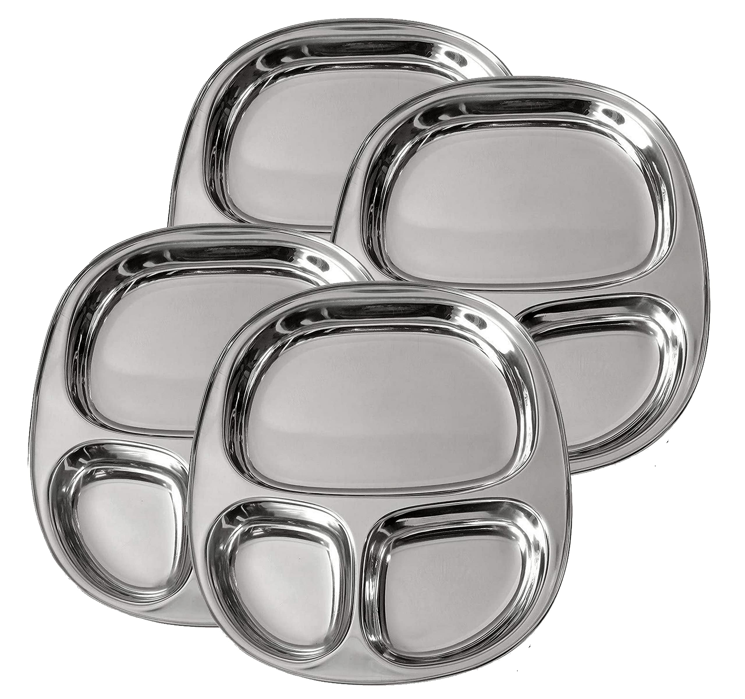 Stainless Steel kids Plates, 4 Pack, 3 Compartment divided Dinner Plates, Baby Feeding Dishes, Toddler Trays, Perfect for lunch, Portion Control, Children, Metal Camping Dishes