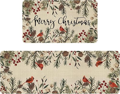 Faptoena Juego de 2 alfombras y tapetes de cocina con diseño de Feliz Navidad, conos de pino cardenal, pájaros rojos, bayas, vacaciones de invierno,