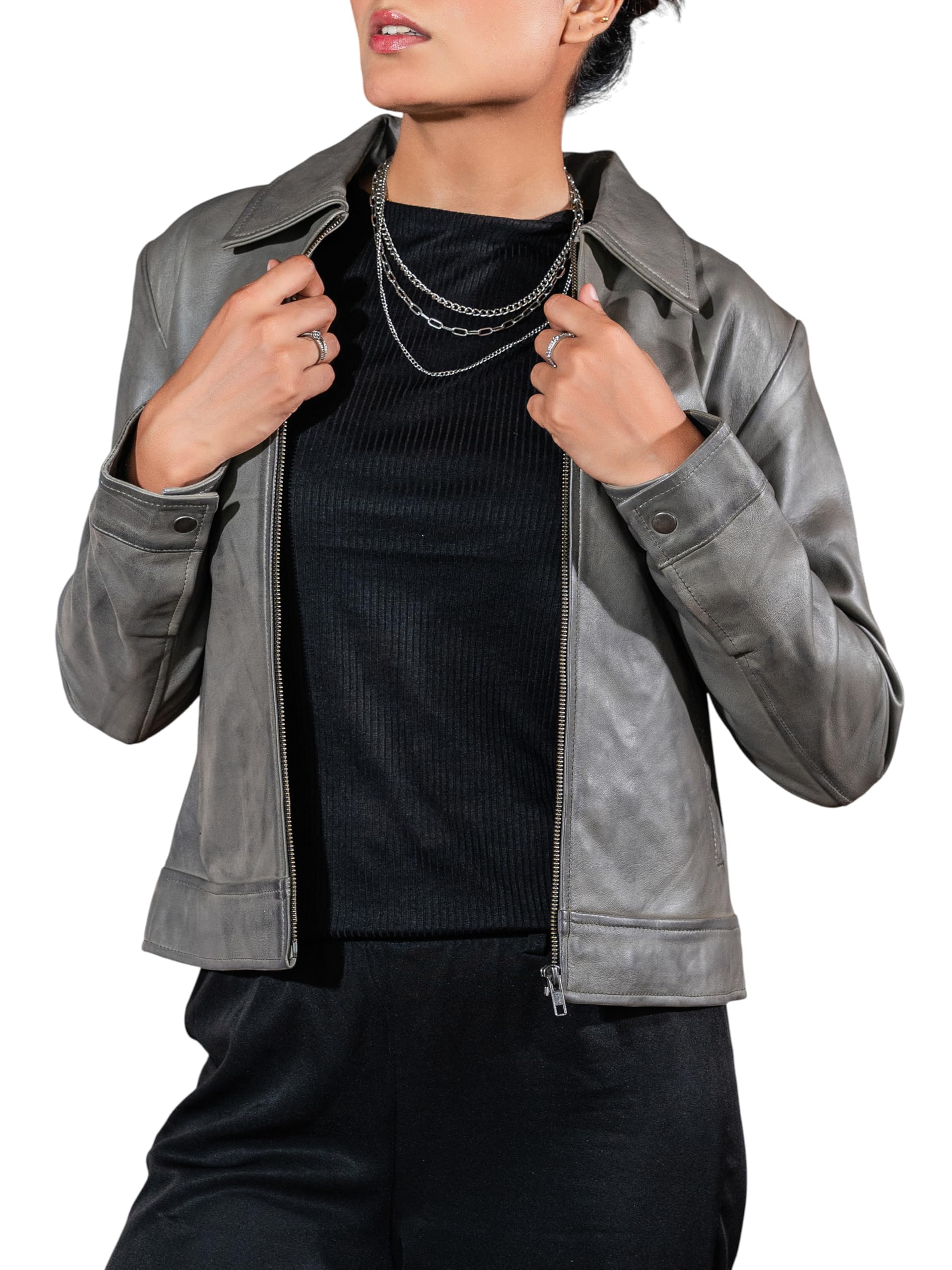 Jild Polo Collar Womens Leather Jacket - Old School Classic Everyday Wear Premium Lambskin Leather Jacket Women