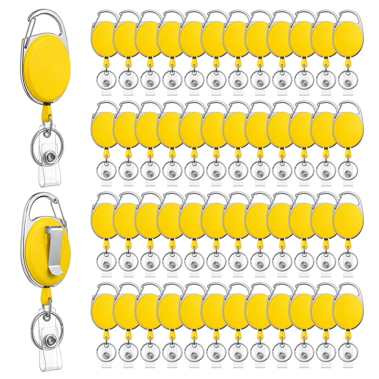 Margolongte 50 Packs Heavy Duty Badge Reels Retractable with Carabiner Belt Clip and Key Ring, Badge Holders for ID Card Name Keychain – 26.5 Inch Pull Cord (Yellow)