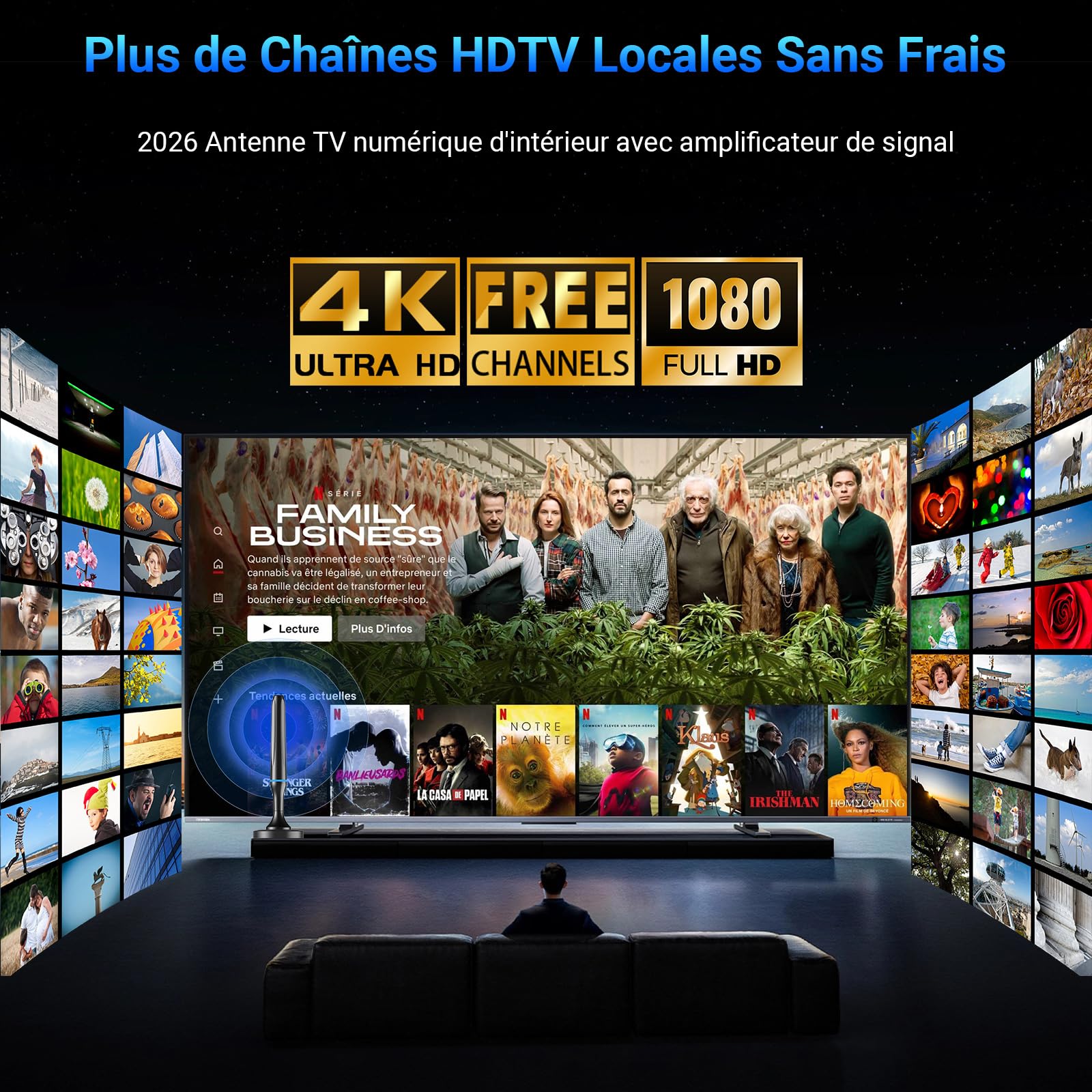 Antenne TV Intérieur Puissante TNT HD, 2026 Puissante Antenne TV Intérieur de Base magnétique puissante - 80km Réception Longue Portée à 360°, Compatible avec Portable 4K 1080P et Tous Les TVs (Bleu)