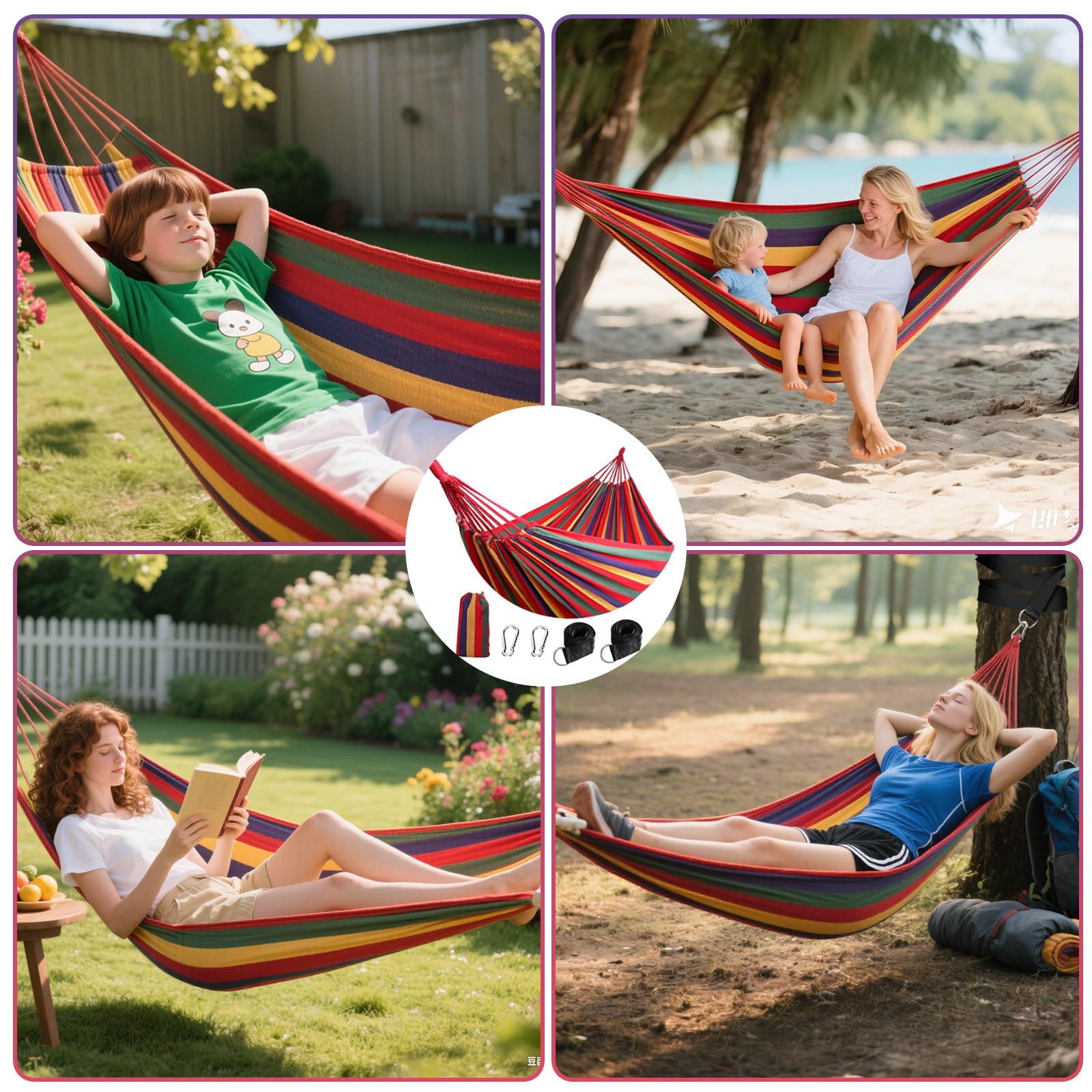 Amaca da Campeggio Esterna, Amaca Doppia 200x150cm, Portata Massima 250kg, con Sacchetto da Trasporto, Cinghie in Nylon e Moschettoni, per Campeggio, Giardino, Interni, Balcone, Viaggio