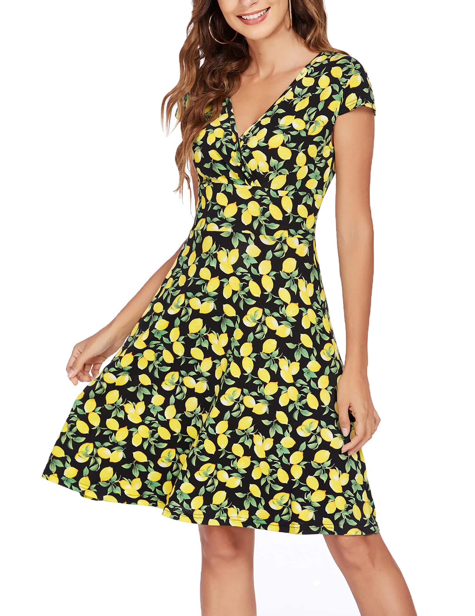 Beyove Vestido de verano para mujer, largo hasta la rodilla, línea A, manga corta, diseño floral, cuello en V