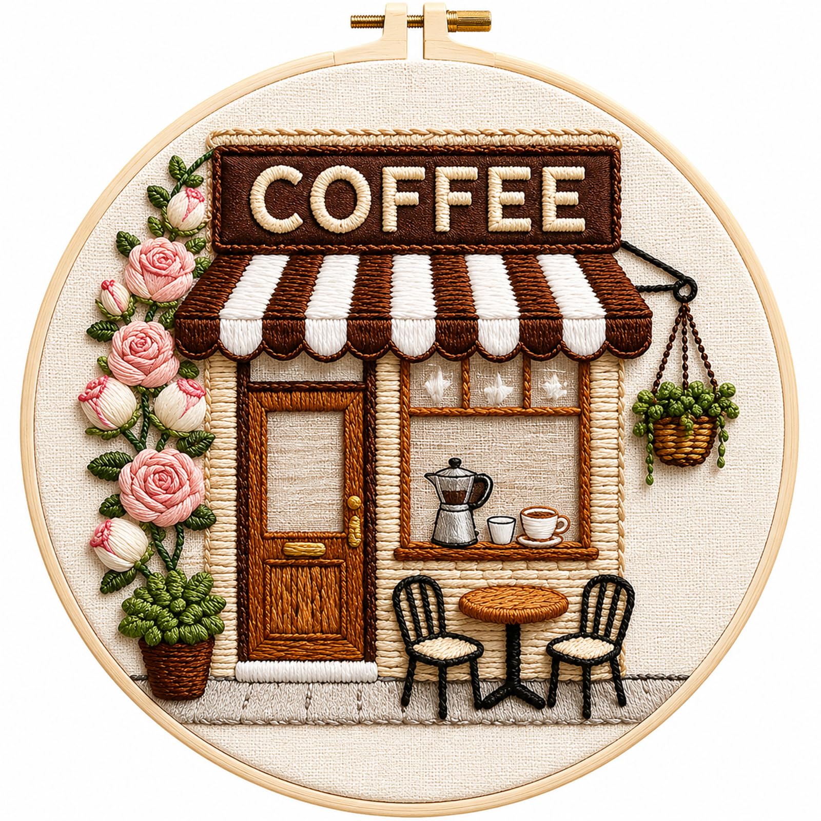 Beginner Hand Embroidery Kit, Coffee Shop Pattern, 20 cm Hoop, 25 cm Cloth