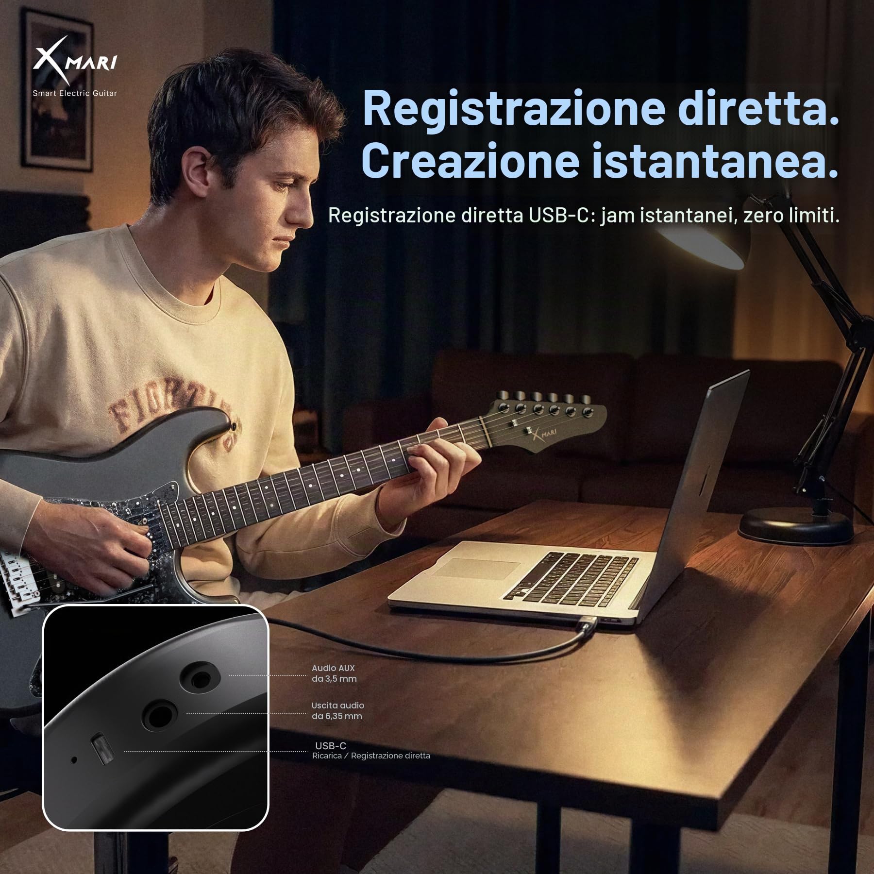 Enya XMARI - Chitarra elettrica intelligente con effetti DSP integrati, 4 preset, registrazione USB-C OTG, uscita cuffie, pickup in ceramica personalizzati, corpo in fibra di carbonio, con custodia