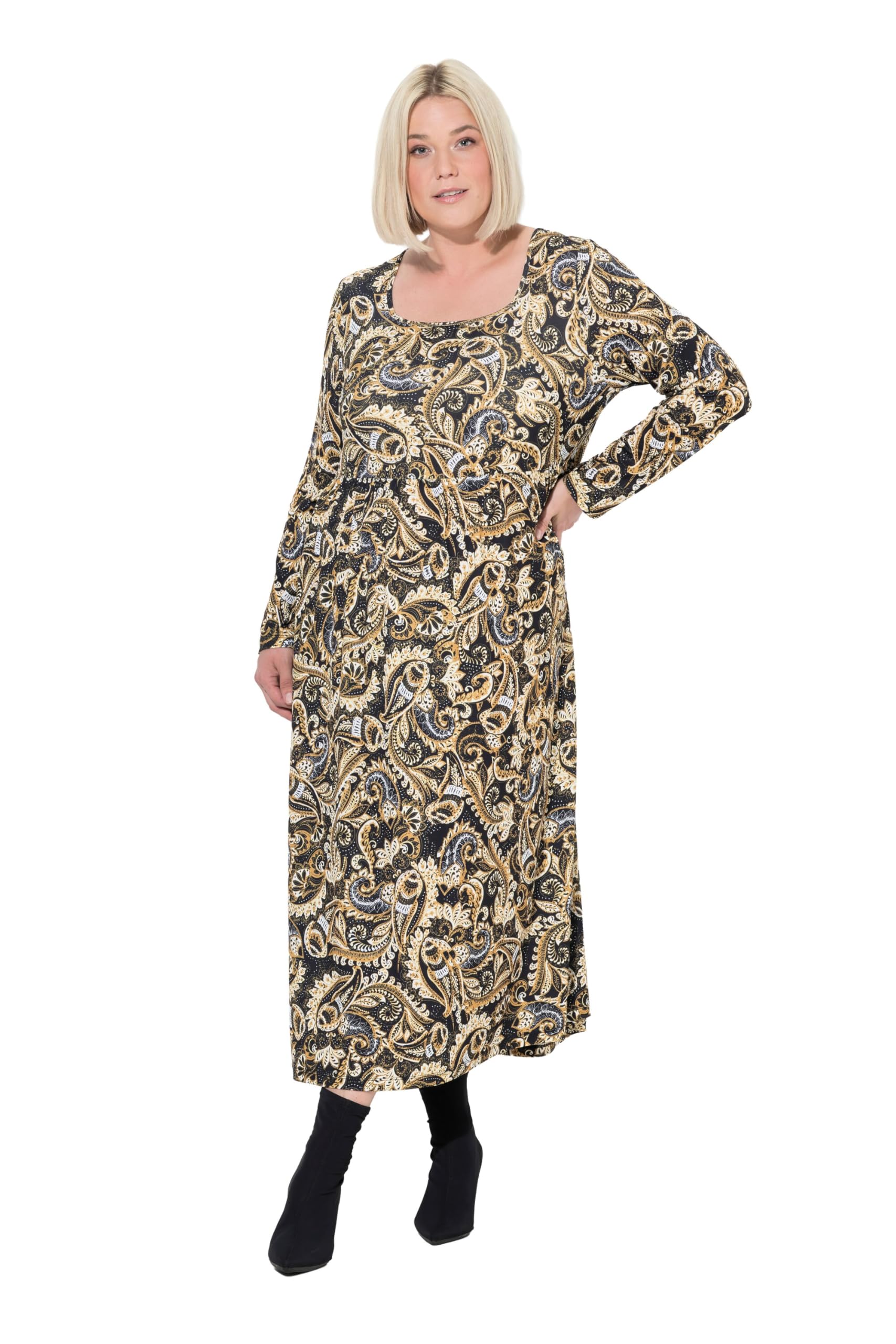 Ulla Popken Damen große Größen Übergrößen Plus Size Maxikleid, Paisley, A-Linie, Carré-Ausschnitt, Langarm 844619