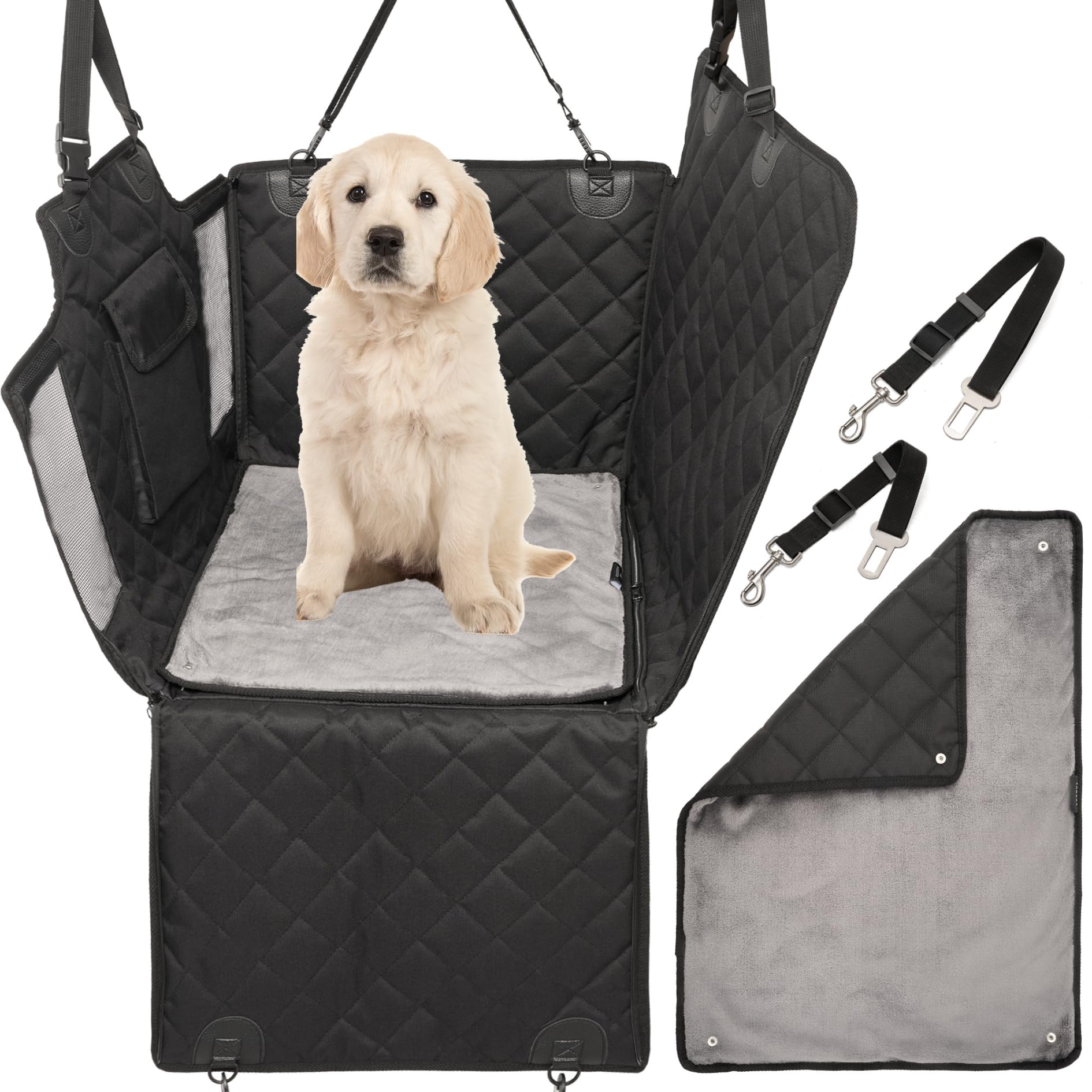 2GOODz Hunde Autositz für Rückbank mit Flauschiger Zusatzdecke | kleine, mittlere Hunde - Sicherheitsgurte in 2 versch. Längen - wasserdicht & robust
