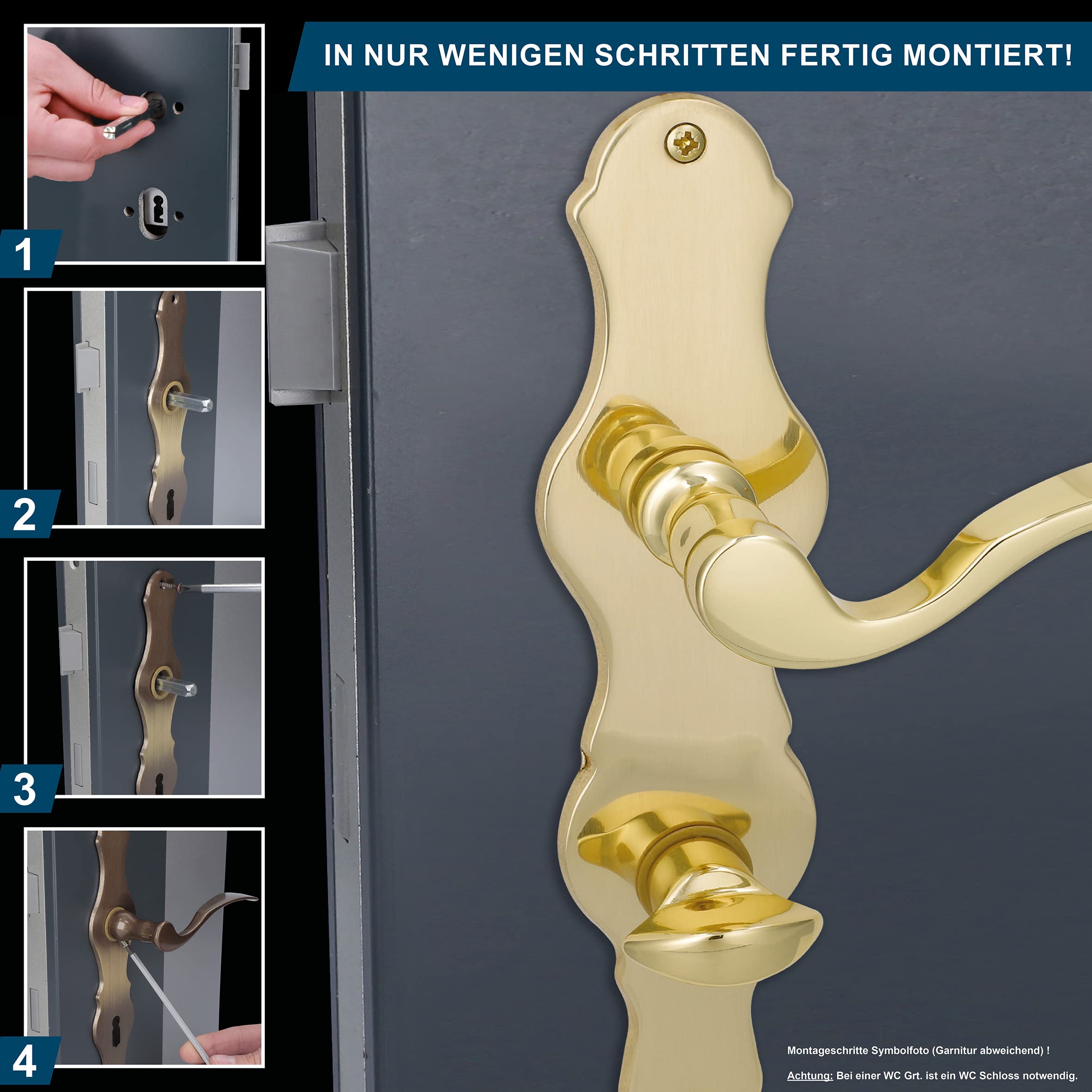 Türbeschlag 4er Set, Messing poliert für 3 x Zimmertüren und 1 x Bad/WC Türe, Türklinke Türgriff Türbeschlag