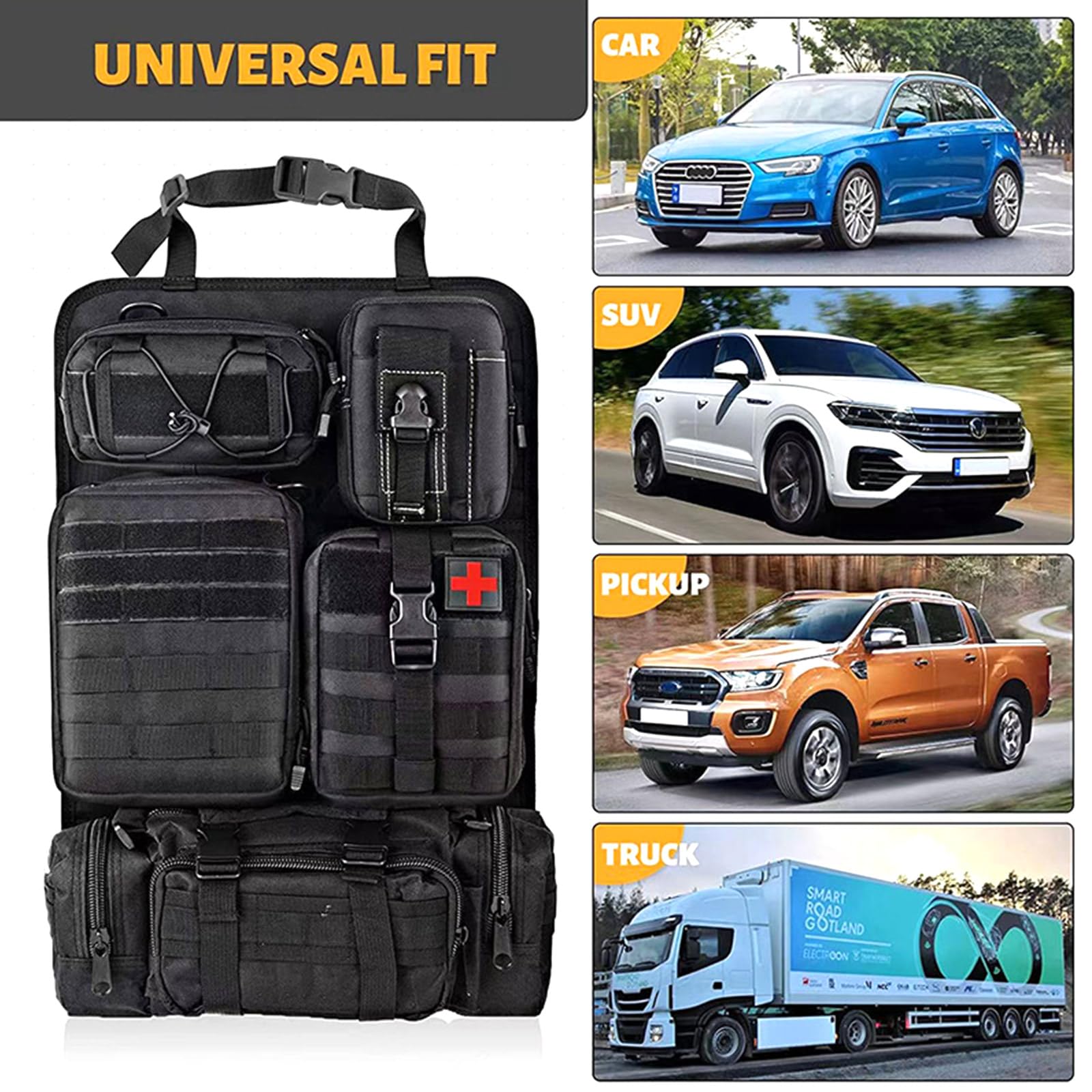 Organiseur tactique universel pour dossier de siège de voiture, panneau Molle, protection contre les coups de pied, organisateur de siège de van avec 5 poches Molle amovibles pour toutes les