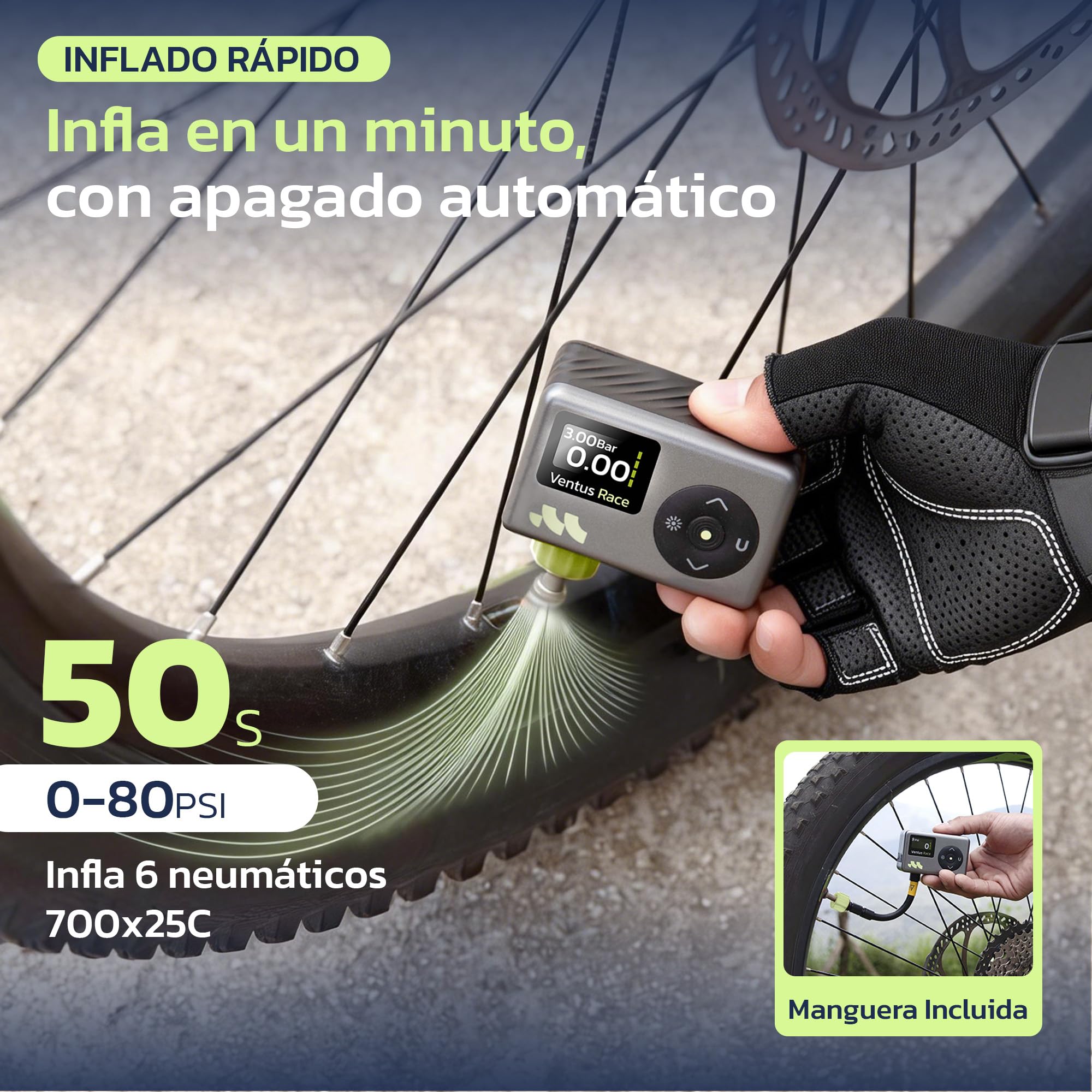 Woowind Inflador Bicicletas Inflador Electrico con Manómetro, Inflado Rápido 50s, 120 PSI, Mini Bomba de Aire Bicicleta, con válvulas Presta y Schrader para Todas Las Bicicleta - 2