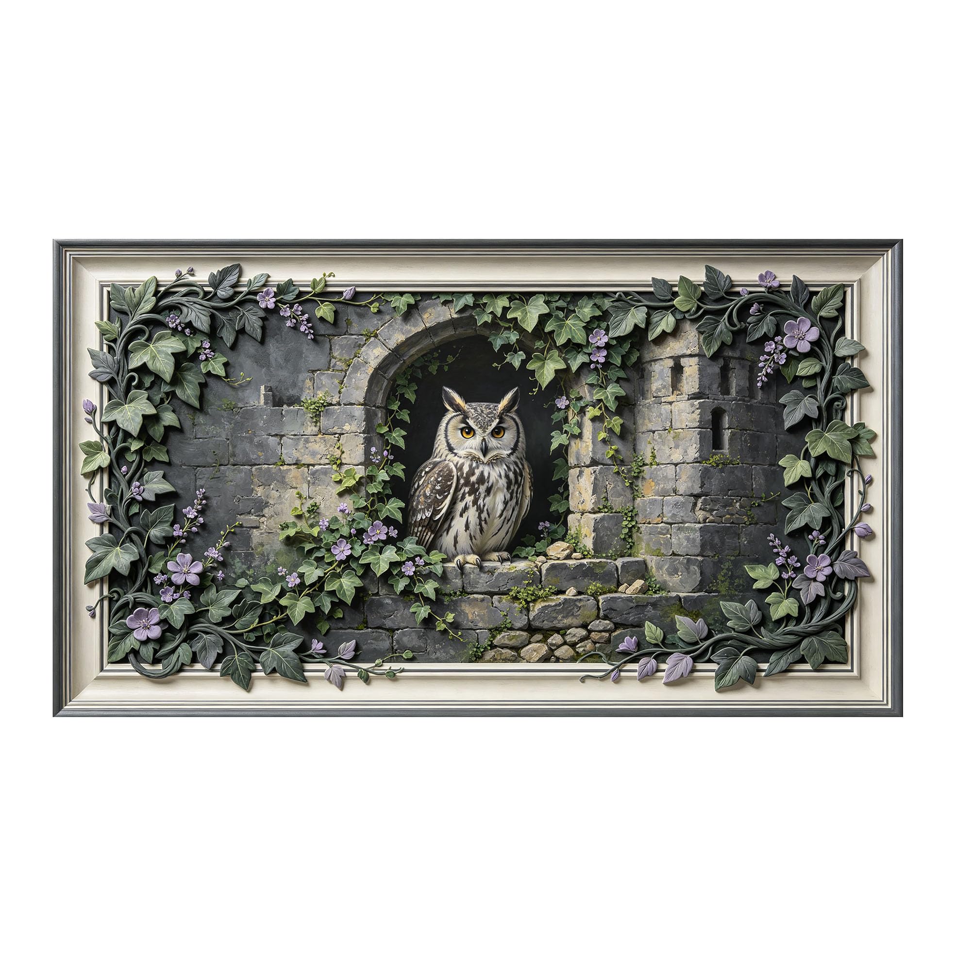 Murasolite 3D Framed Wall Art Owl Castle Ruins Botanical Rustic Oil Painting SelfAdhesive Fabric Mural Wall Decor， Peel and Stick No Damage to Wall， AntiFall Safe Design for Bedroom Living Room