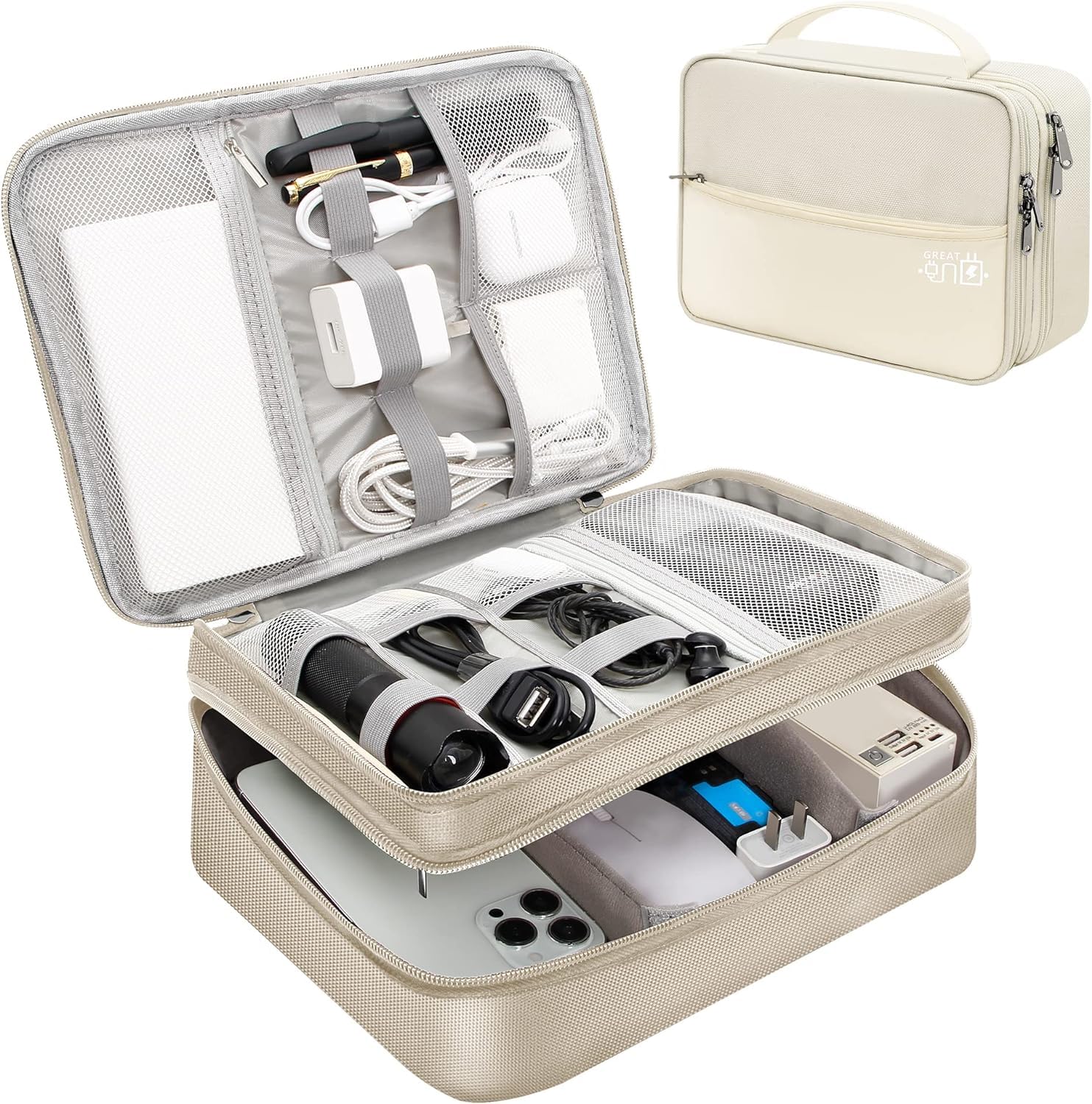 ELECTRO WOLF Electronics Travel Organizer, Double Layer Cable Organizer Bag Watreproof Electronics Accessories Storage Bag for Cord, Charger, Phone, Power Bank, Hard Drive (Beige) (B0CK493XF4) Amazon Price History, Amazon Price Tracker