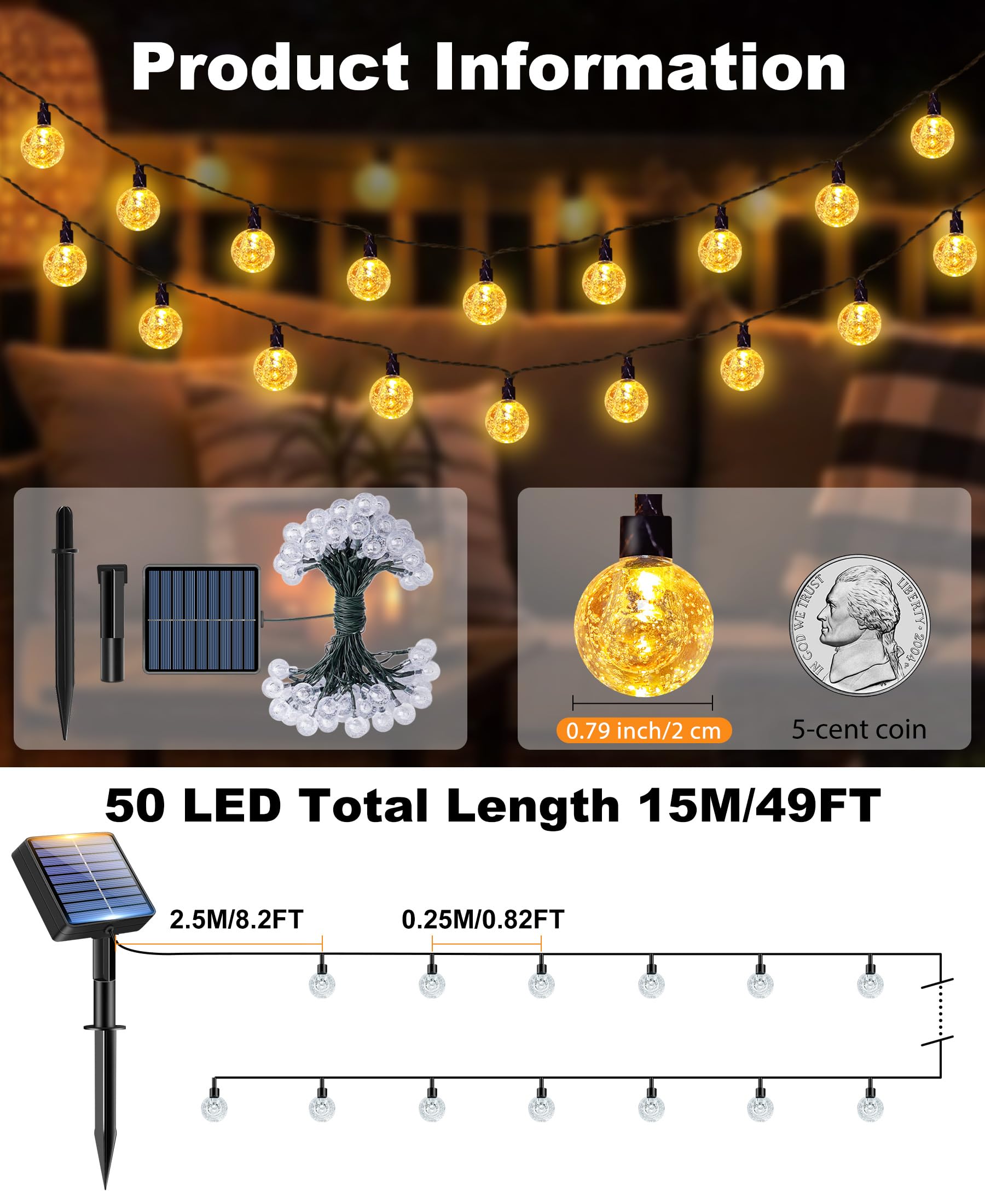 btfarm 49FT/15M Solar String Lights Outdoor, 50LED Solar Powered Patio Lights Outdoor Waterproof, 8 Modes Crystal Globe Lighting for Garden Fence Gazebo Tree Yard Porch Party Wedding Decor, Warm White - 3