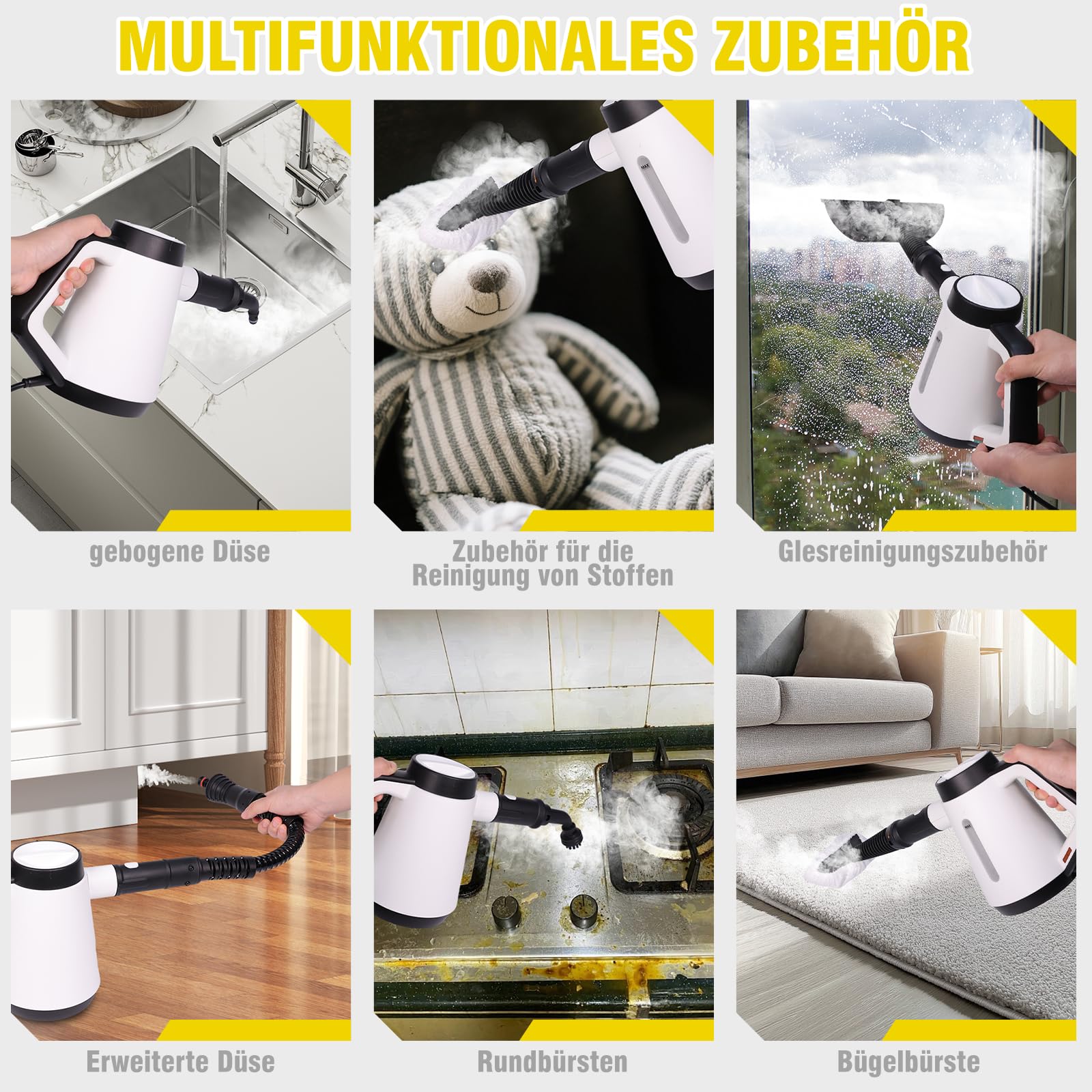 Fippesax Handheld Dampfreiniger, 400ml Druck Mehrzweck-Dampfreiniger mit 9-teiligem Zubehör (Weiß)
