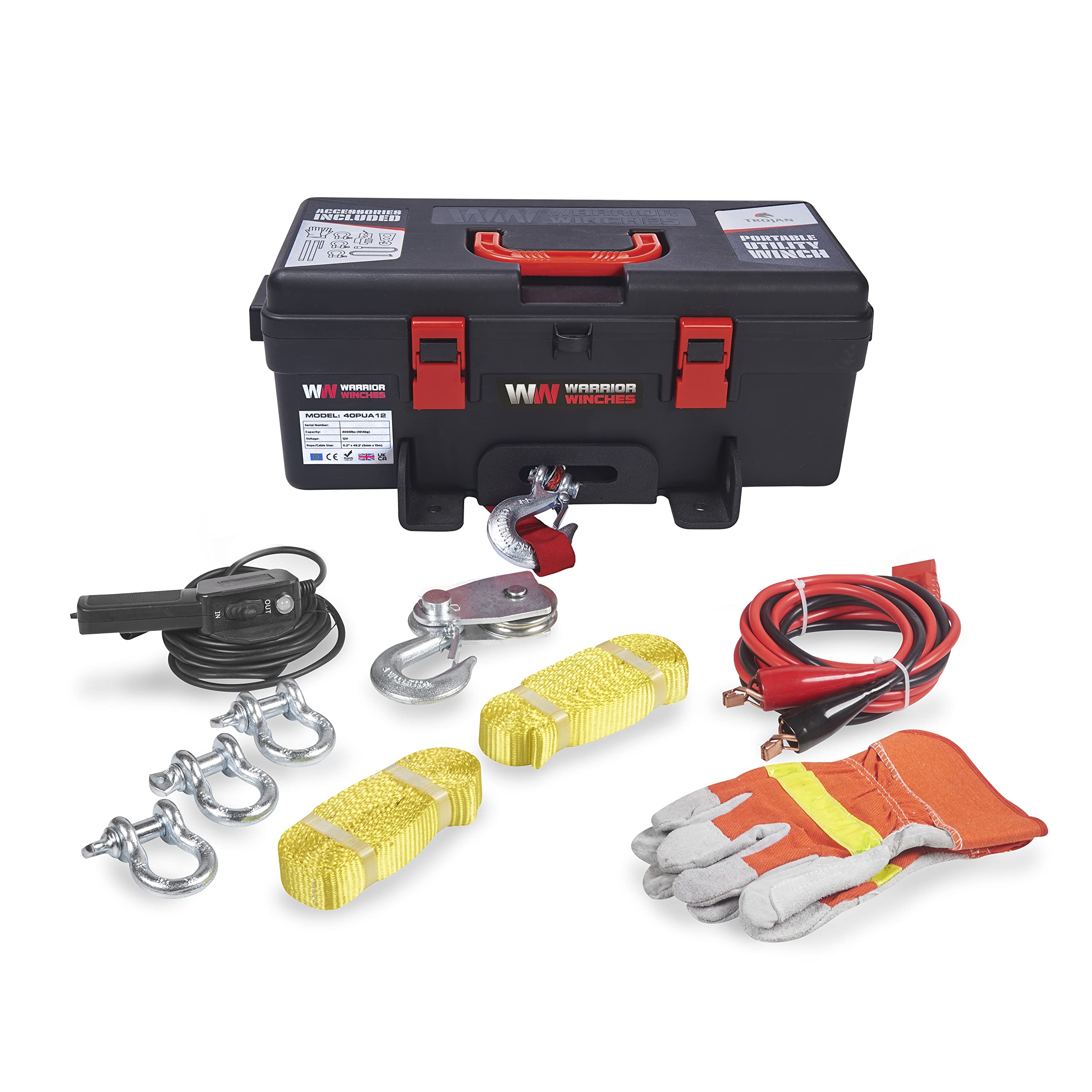 Warrior Trojan 4000lb Portable 12v Electric Winch - Reversible Magnet Motor with Power In/Out - Steel Plate, Mounting Option, Plug & Play - Convenient Carry & Storage Box - Synthetic Rope