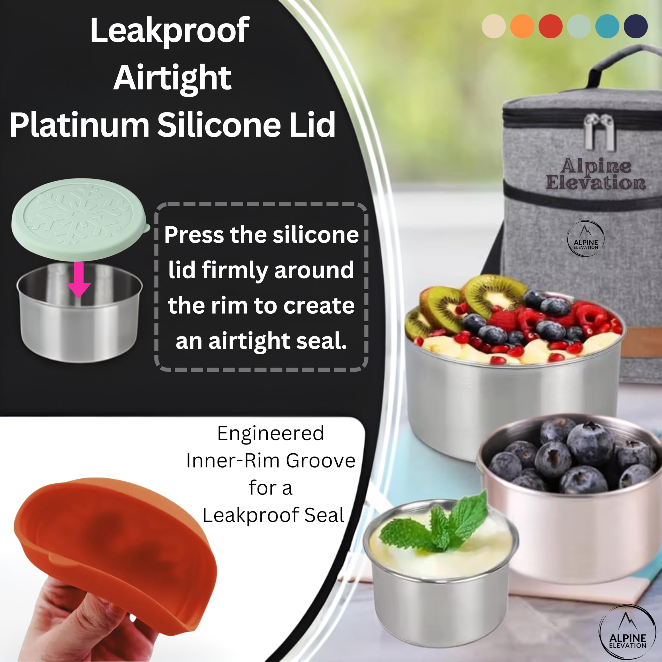 Alpine Elevation 12 Stück – 6 Edelstahlbehälter + 6 Silikondeckel | 304 Edelstahl Lunchbehälter | Nesting Lunch Container | Meal Prep Storage Container | Metall Lunch Container