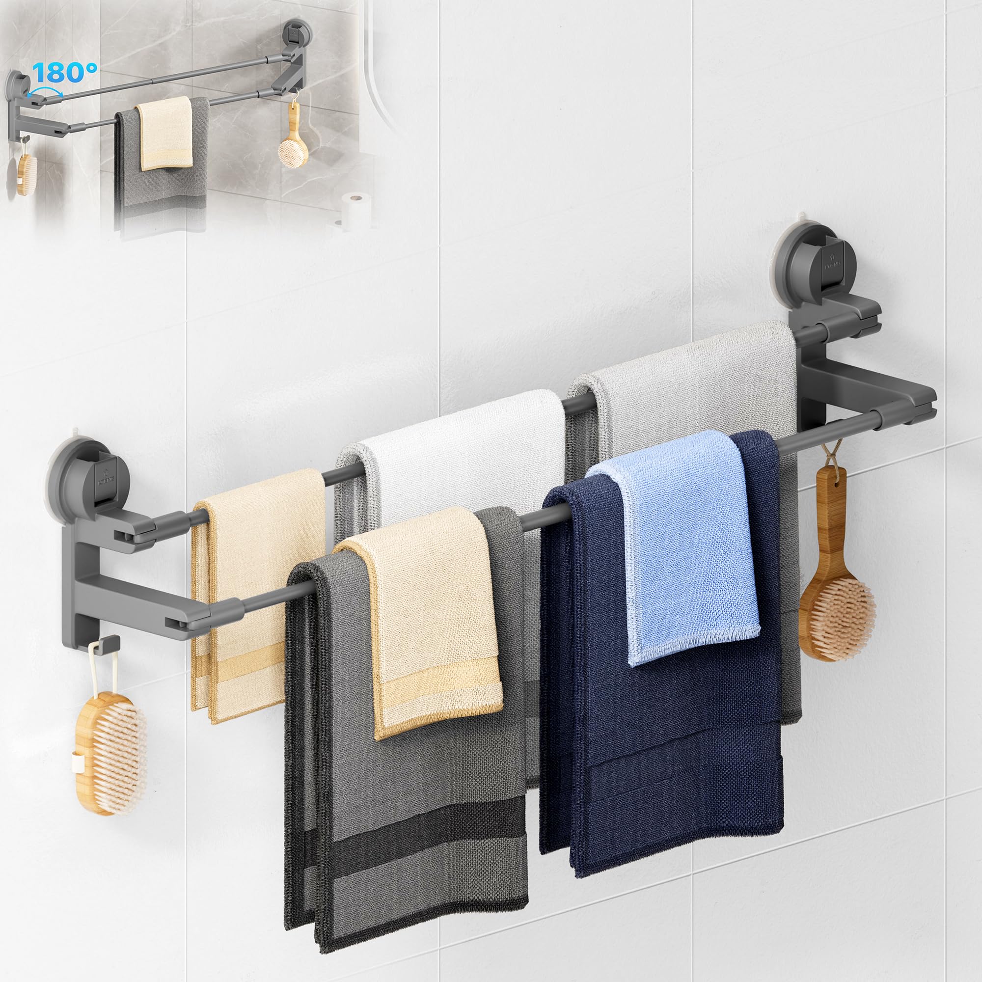 COCASES Towel Holder Suction Cup No Drilling Bathroom Towel Rail Double for Shower Wall without Gluing Towel Holder with 2 Towel Hooks and Adjustable Length for Kitchen Door Dark Grey 64-125 cm