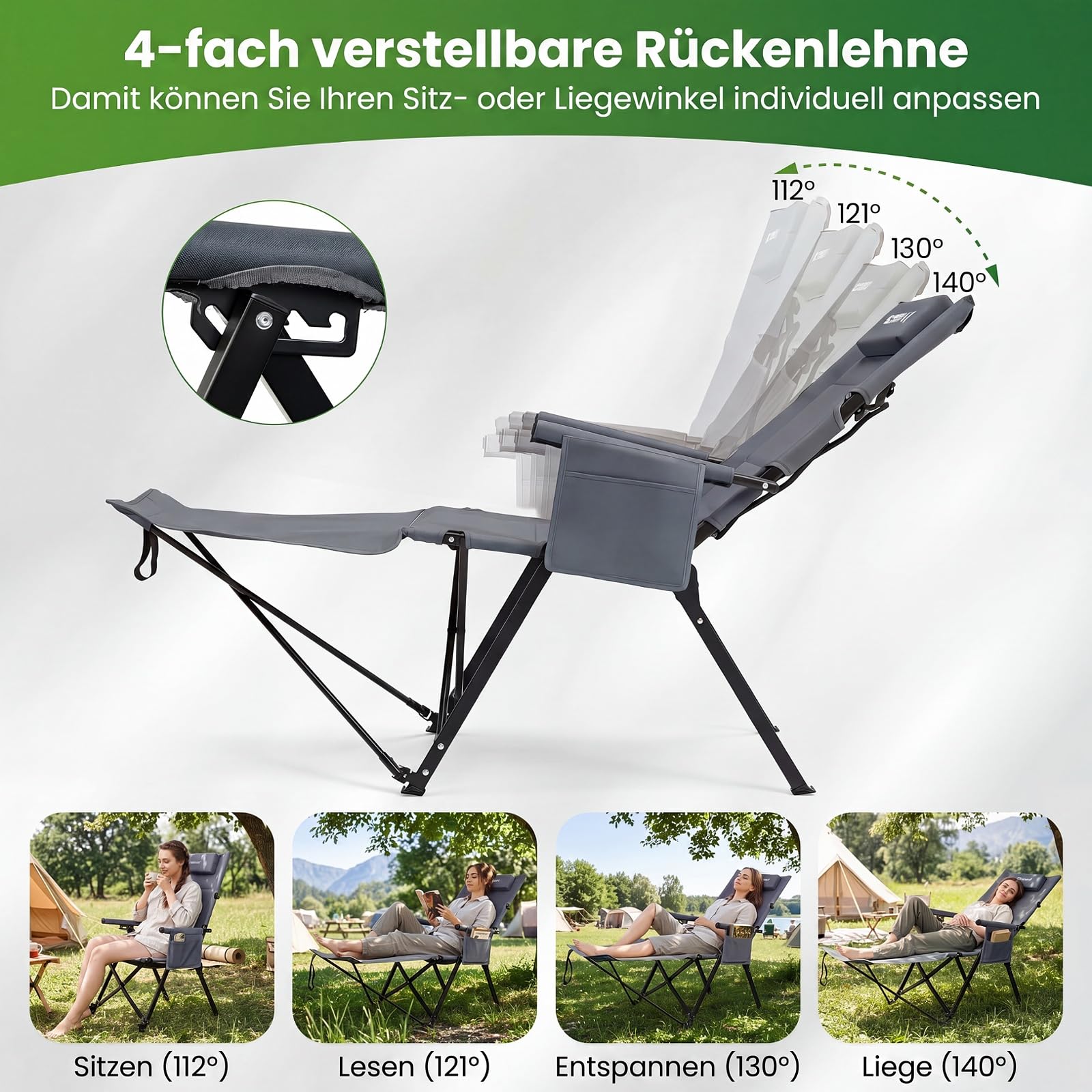 COSTWAY Campingstuhl mit Fußablage, klappbarer Liegestuhl (Grau) | 4-fach verstellbare Rückenlehne, Kopfstütze & Seitentasche, Hochlehner Gartenstuhl, Strandstuhl, Klappstuhl für Camping