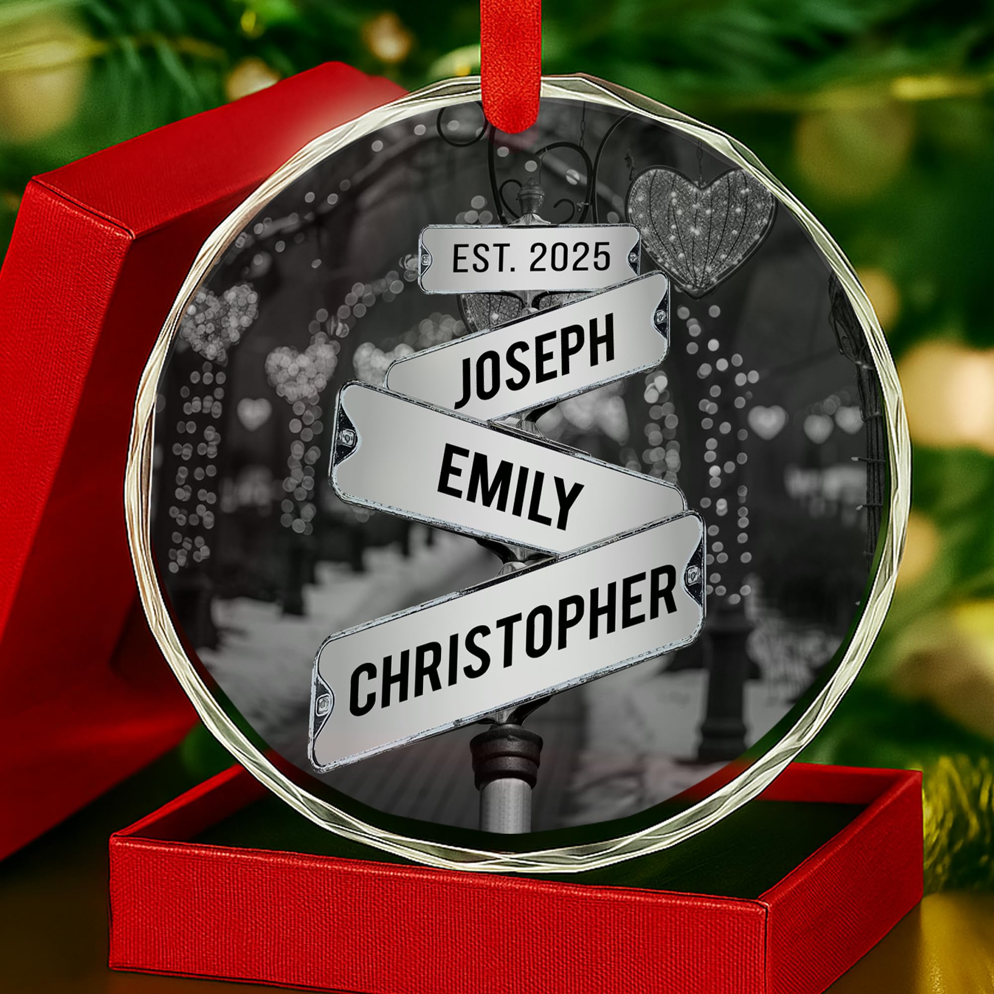 Personalized Vintage Name Crystal Ornament for Couples, Crossroads Street Sign Best Gift for Сouples Custom Name and Date Vintage Street Sign Glass Ornaments, Married Newlywed Keepsake Décor